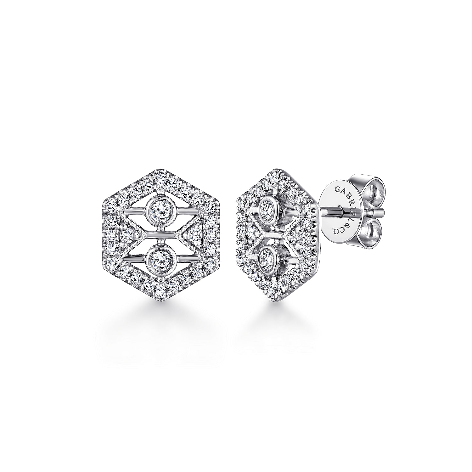 14K White Gold Hexagonal Open Diamond Stud Earrings