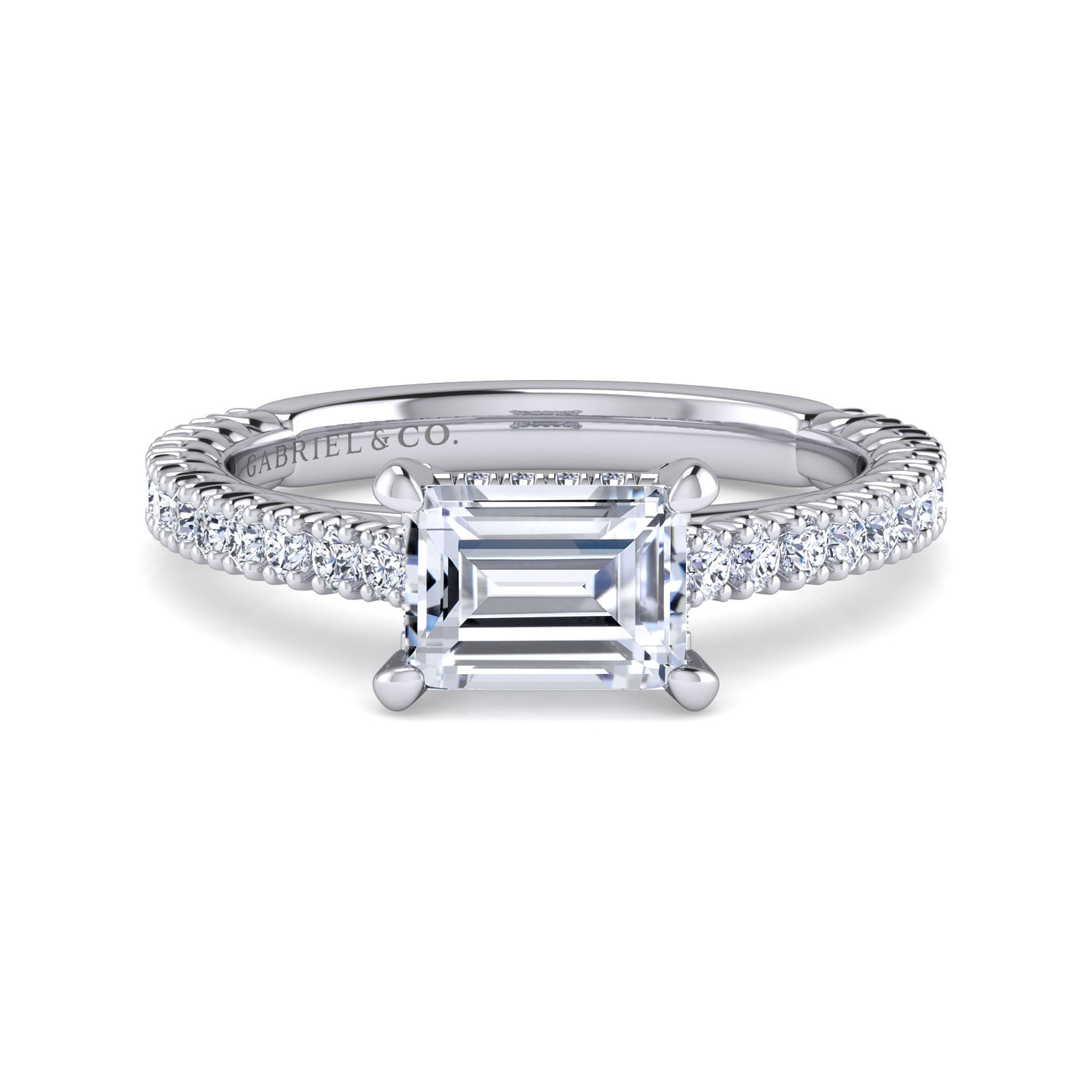14K White Gold Horizontal Emerald Diamond Engagement Ring