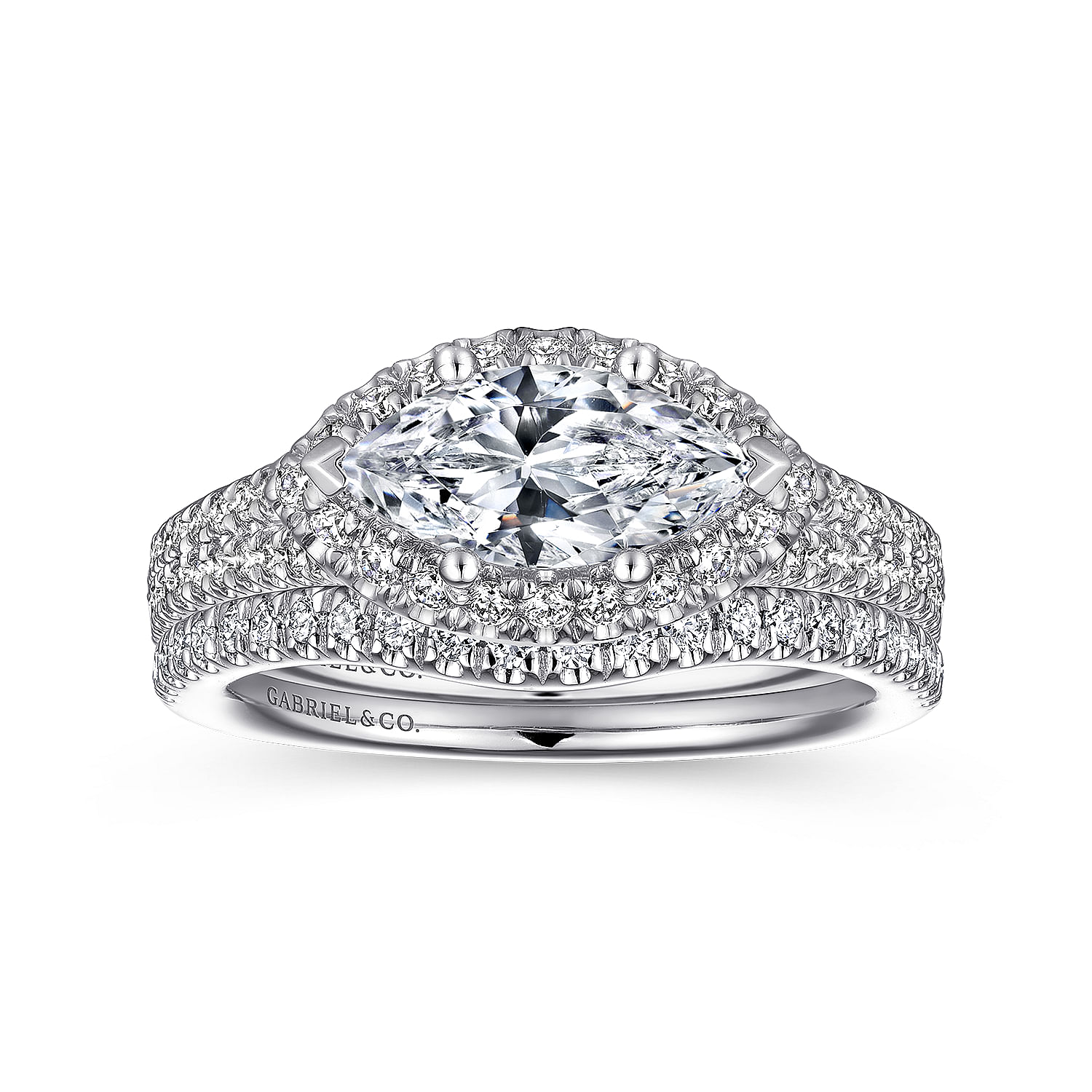14K White Gold Horizontal Marquise Halo Diamond Engagement Ring