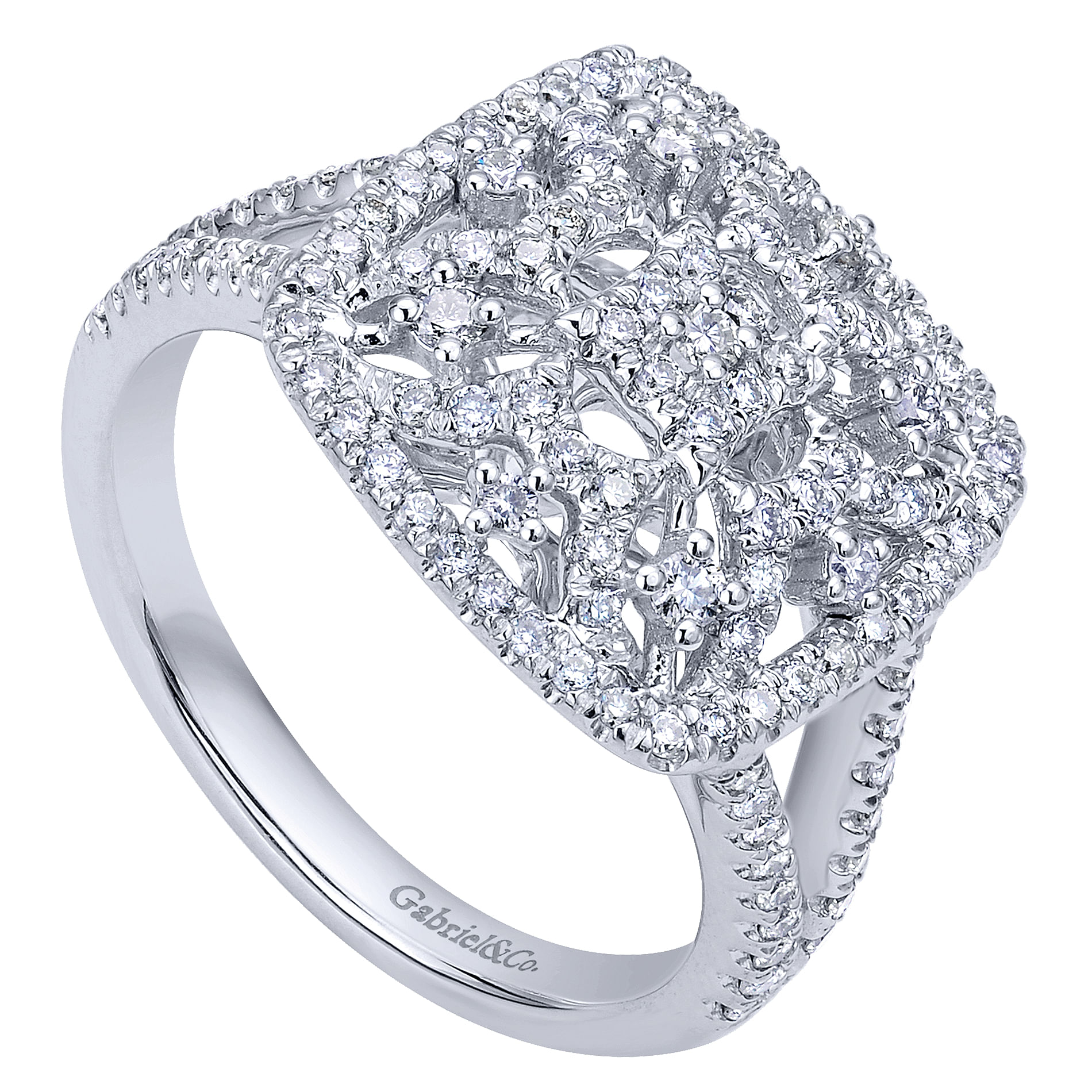 14K White Gold Intricate Pavé Diamond Square Statement Ring