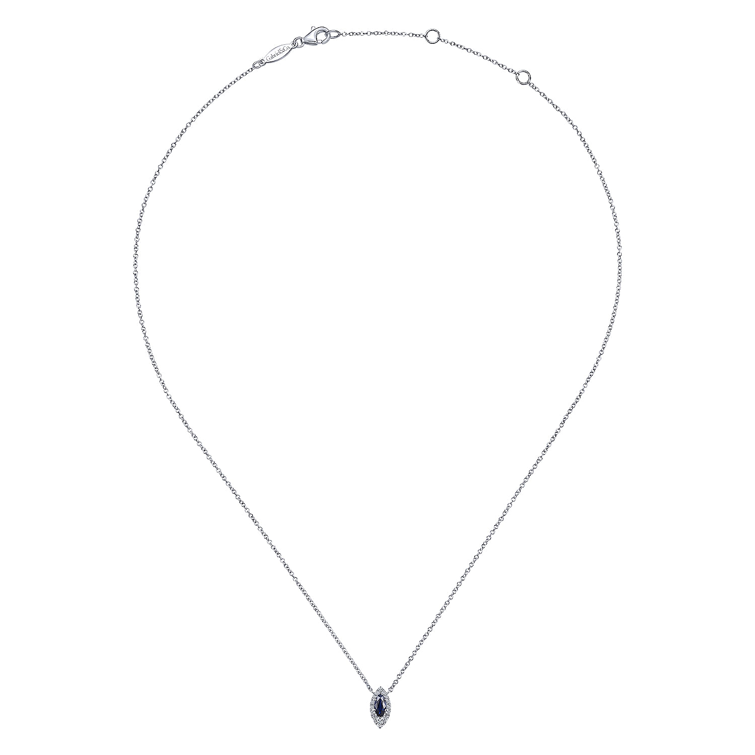 14K White Gold Marquise Sapphire and Diamond Halo Pendant Necklace