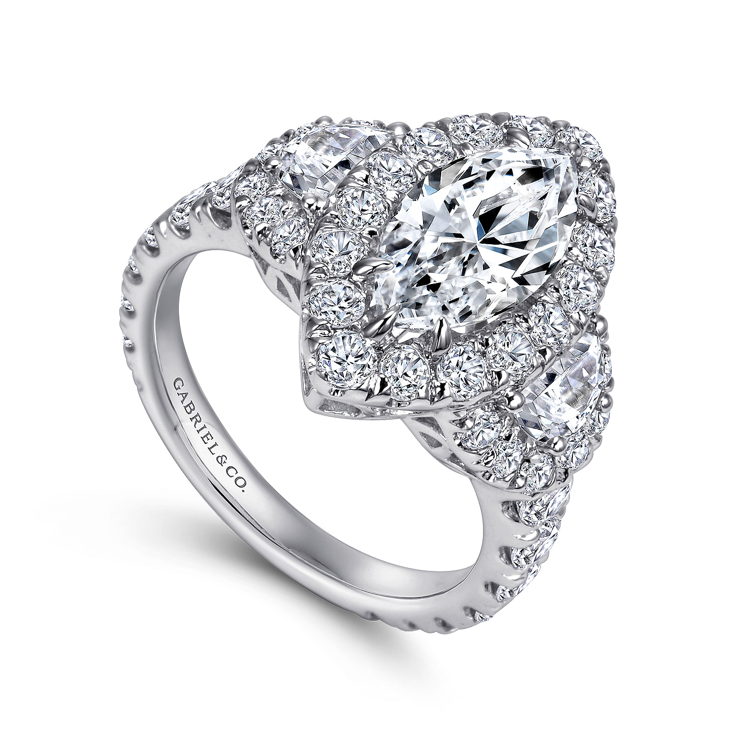 14K White Gold Marquise Shape Three Stone Halo Diamond Engagement Ring