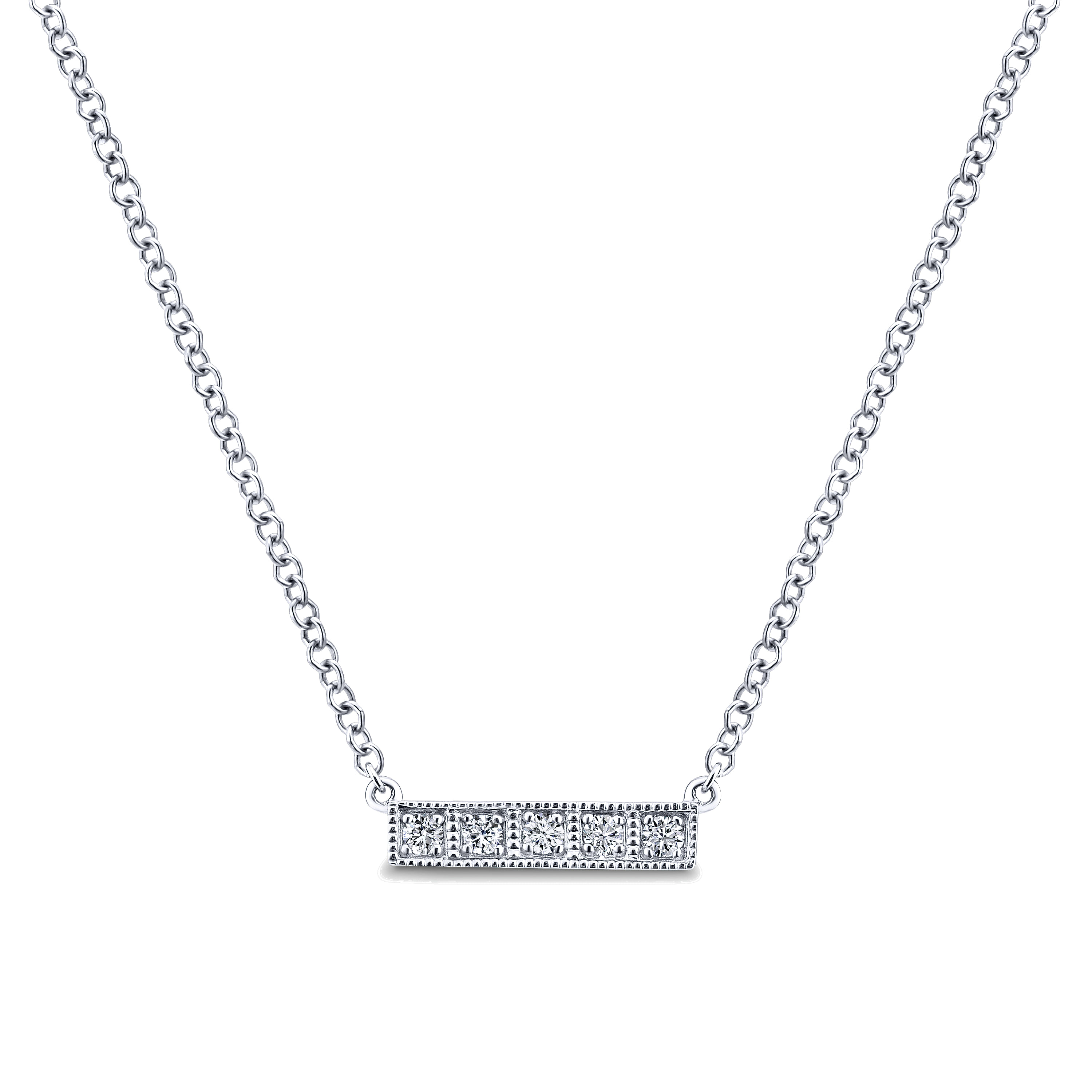 14K White Gold Milgrain Diamond Bar Necklace
