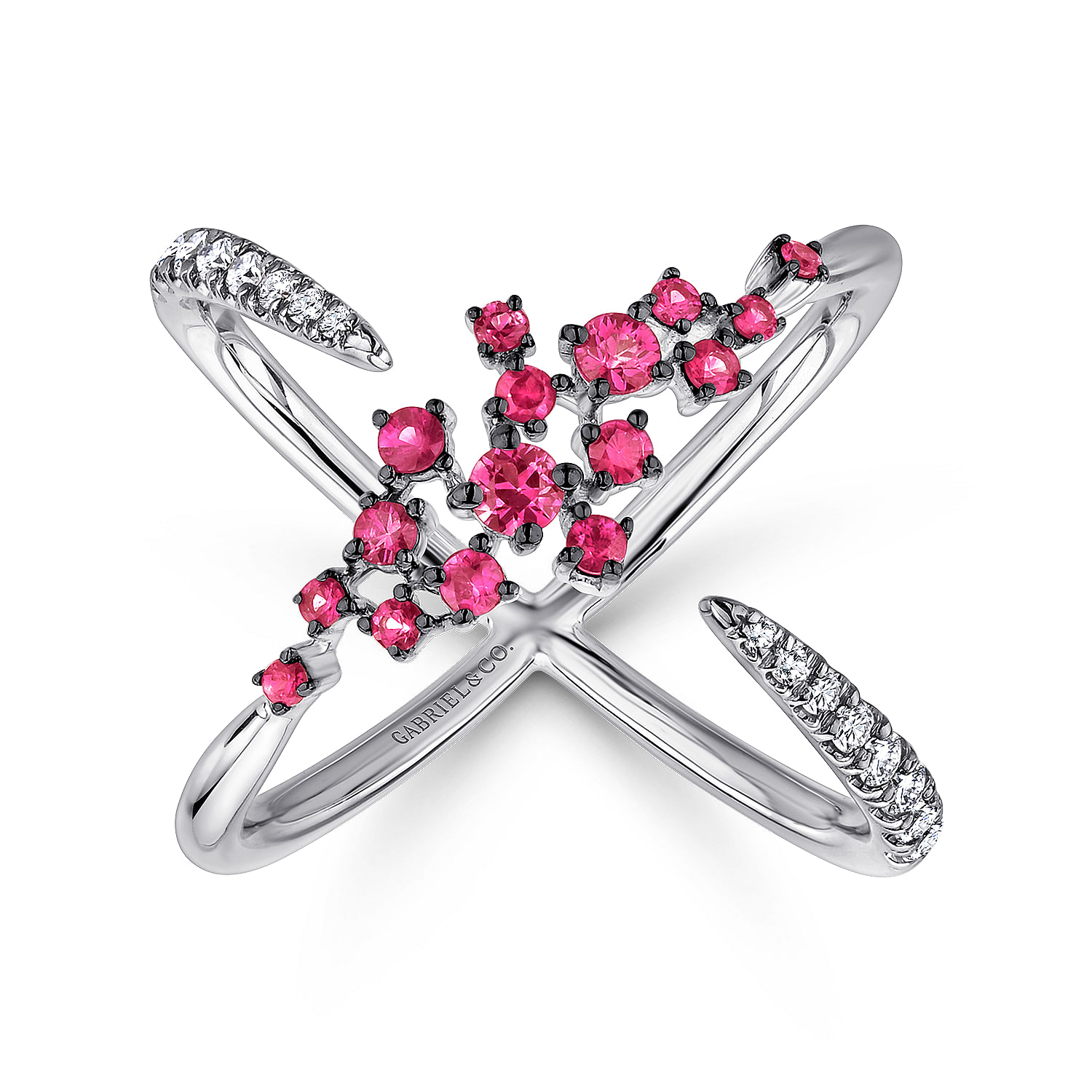 14K White Gold Modern Scattered Ruby and Diamond Open Ring