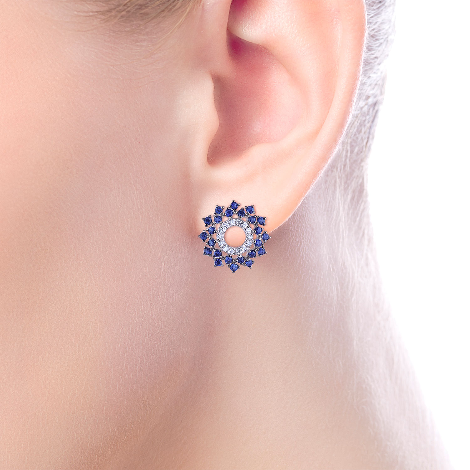 14K White Gold Openwork Diamond and Sapphire Stud Earrings