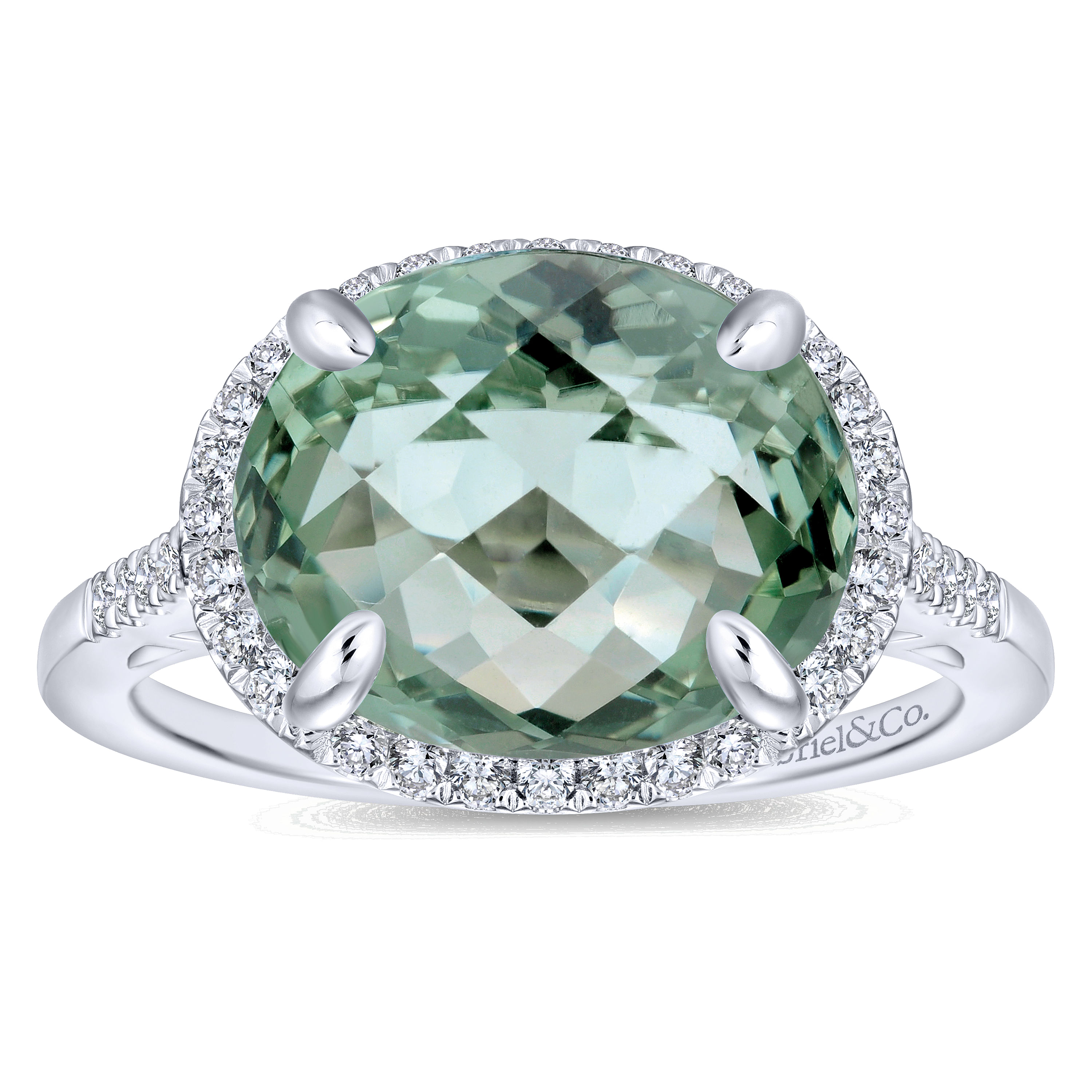 14K White Gold Oval Green Amethyst and Diamond Halo Ring