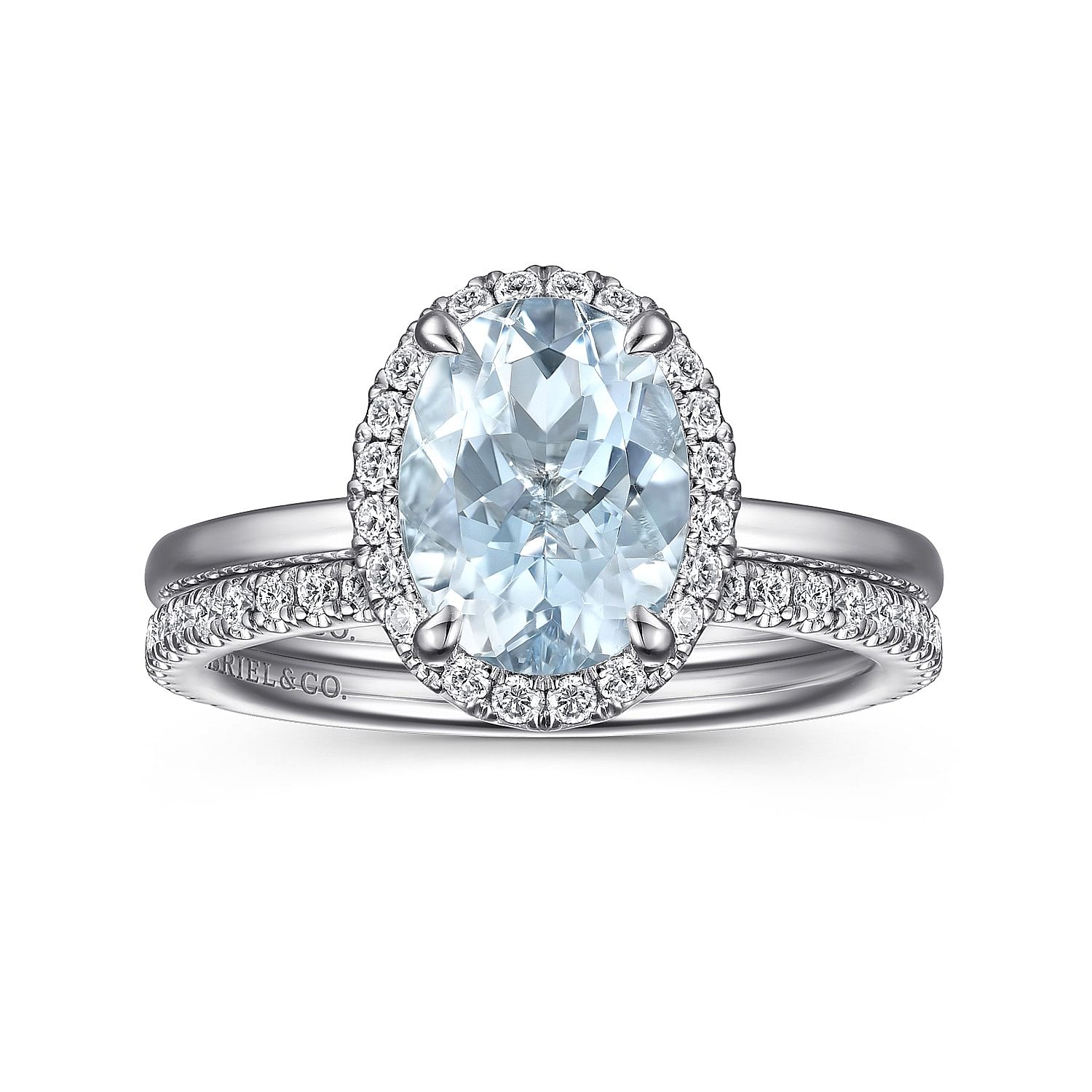 14K White Gold Oval Halo Aquamarine and Diamond Engagement Ring