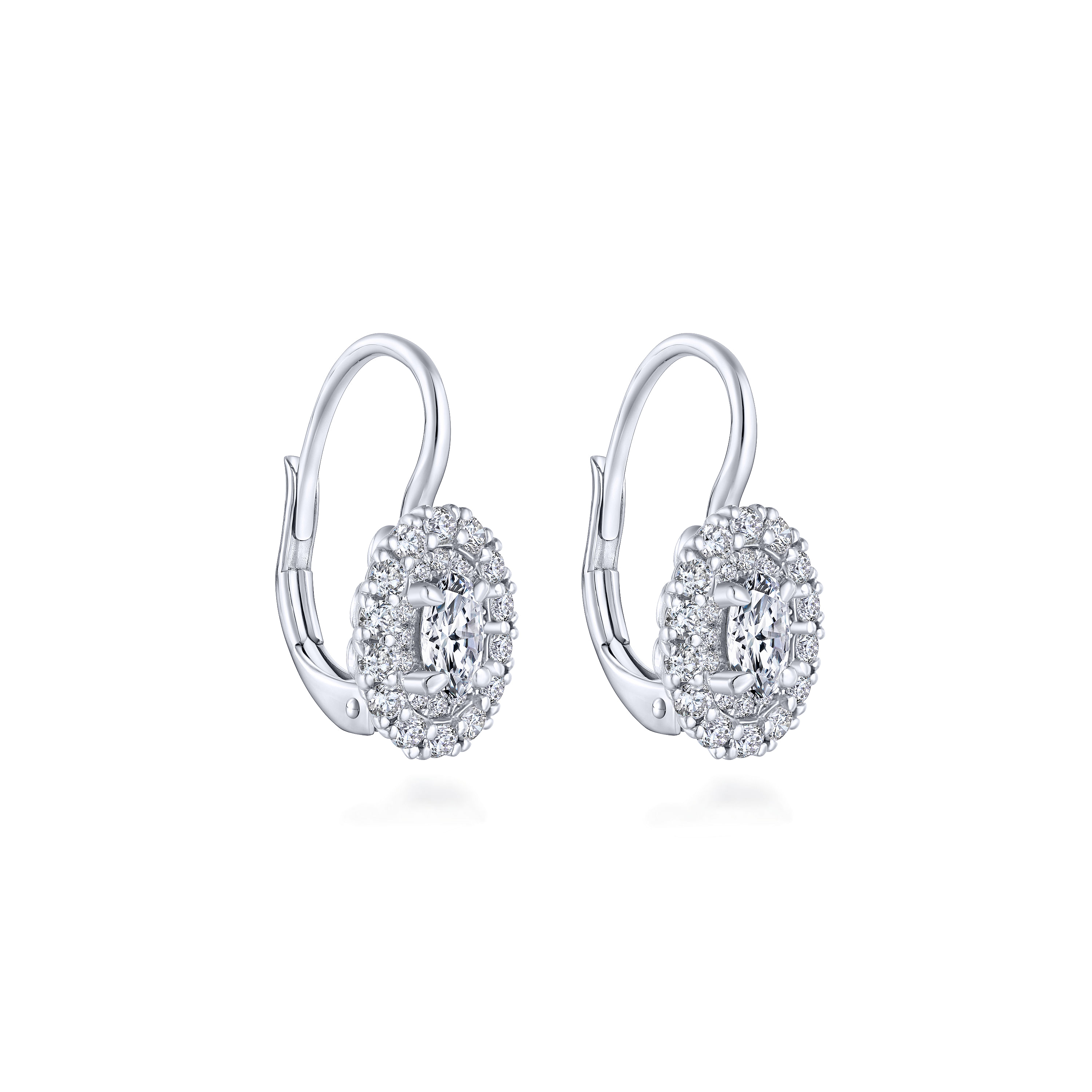 14K White Gold Oval Halo Diamond Leverback Earrings