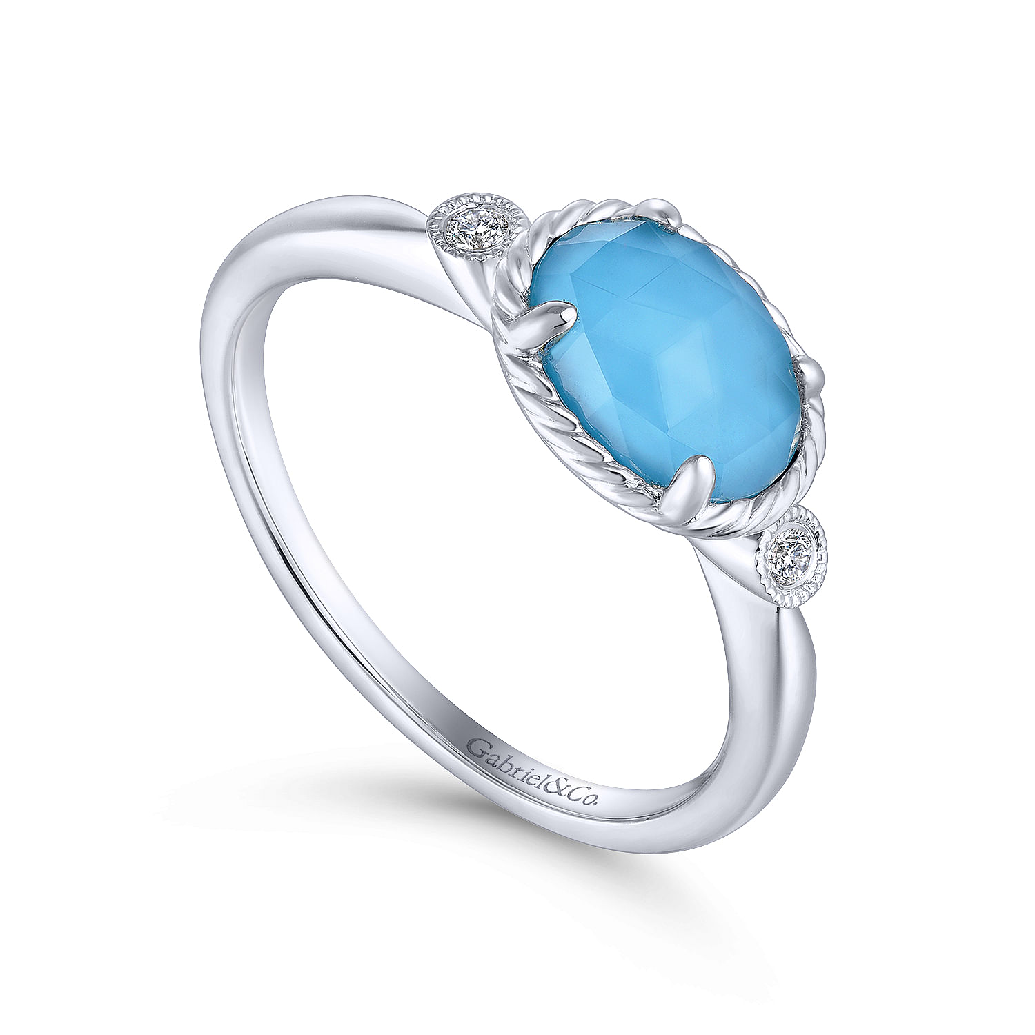 14K White Gold Oval Rock Crystal/Turquoise Diamond Ring