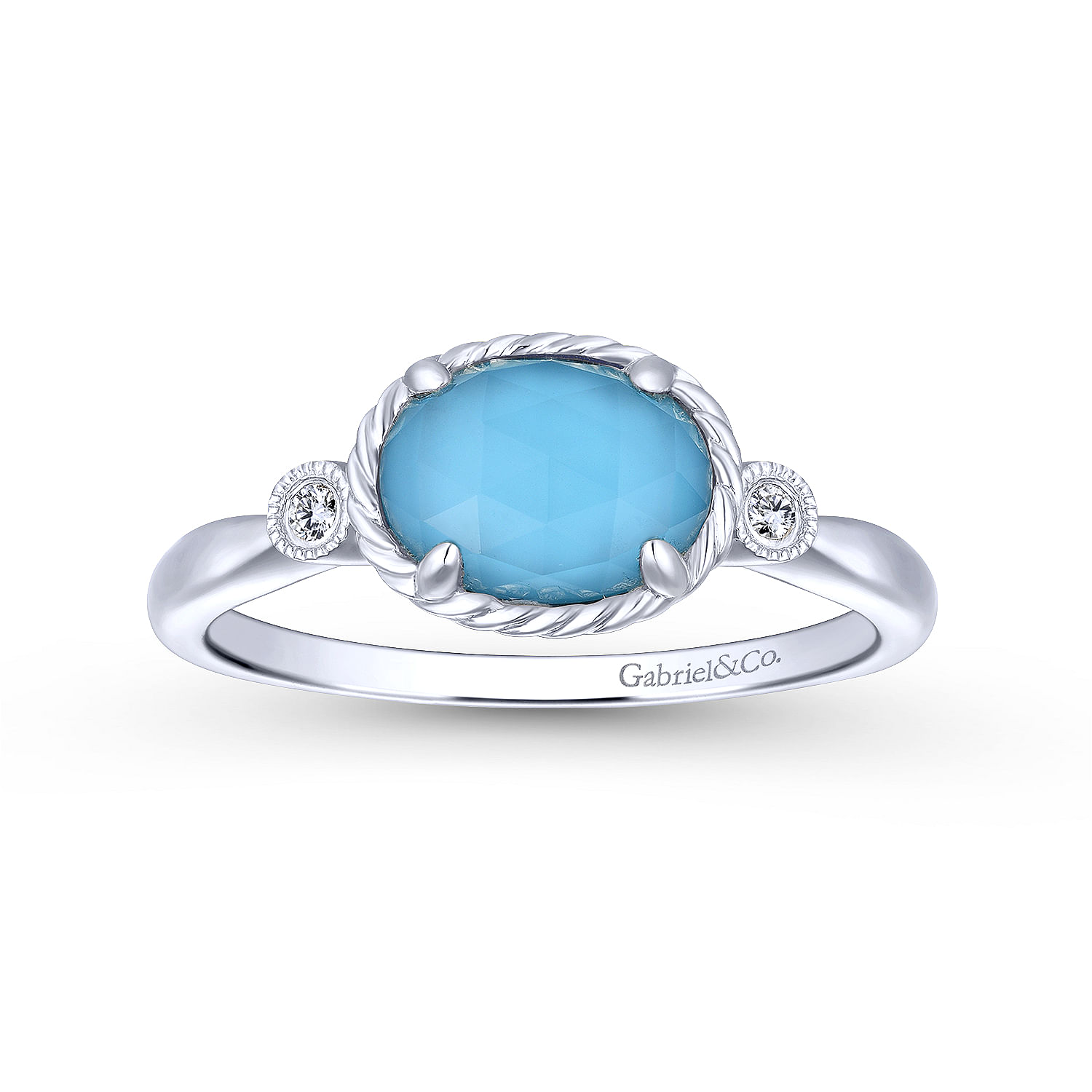 14K White Gold Oval Rock Crystal/Turquoise Diamond Ring