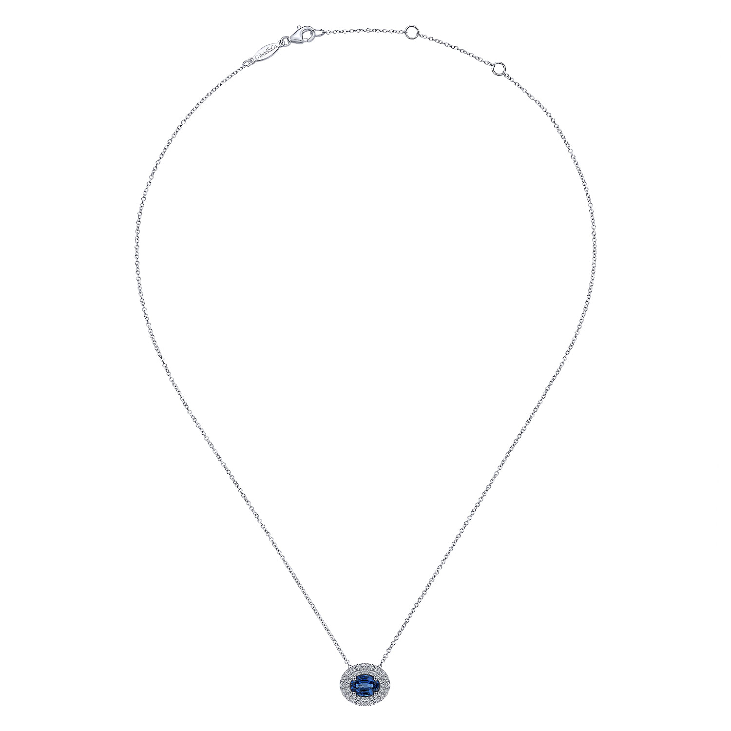 14K White Gold Oval Sapphire and Diamond Double Halo Pendant Necklace