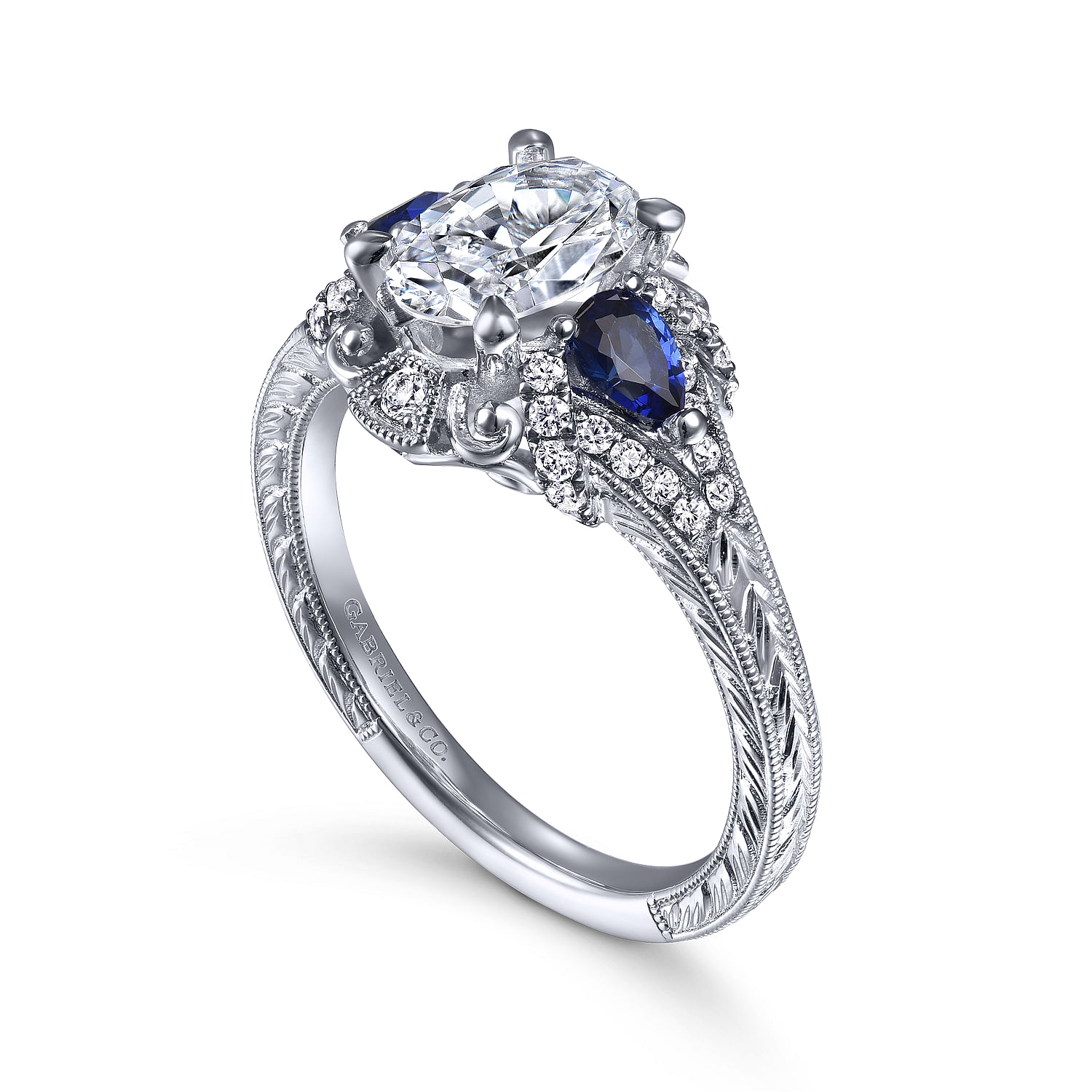 14K White Gold Oval Sapphire and Diamond Engagement Ring
