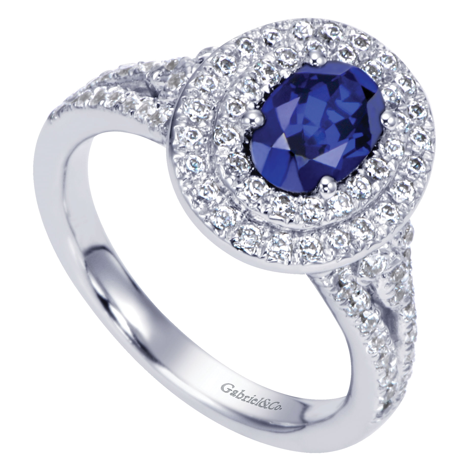 14K White Gold Oval Sapphire and Double Halo Diamond Ring