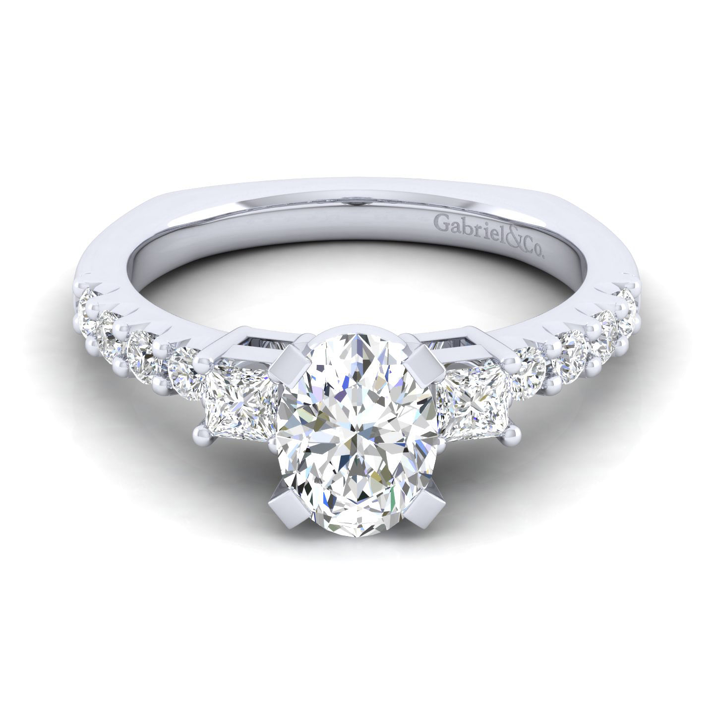 14K White Gold Oval Three Stone Diamond Engagement Ring