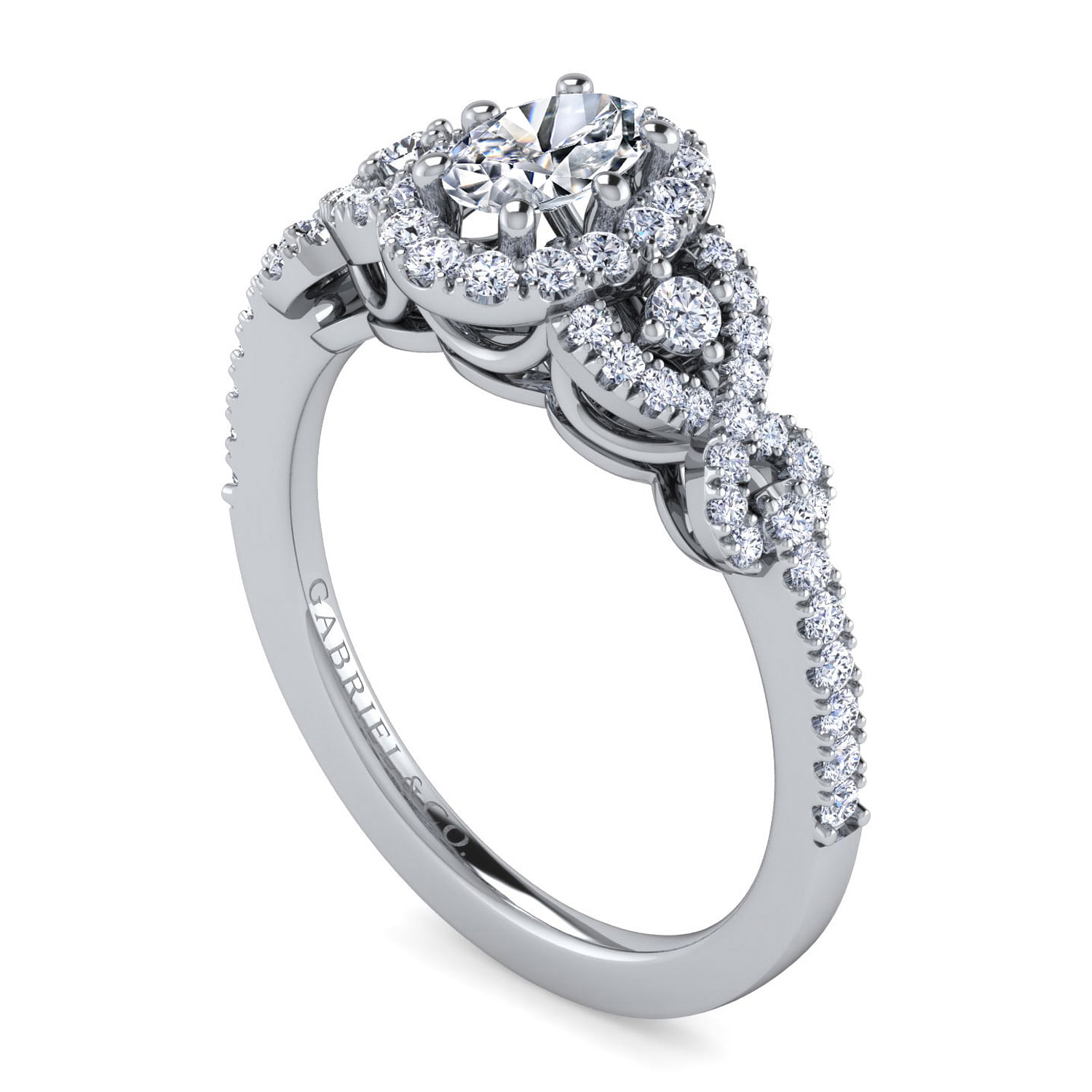14K White Gold Oval Three Stone Halo Diamond Engagement Ring