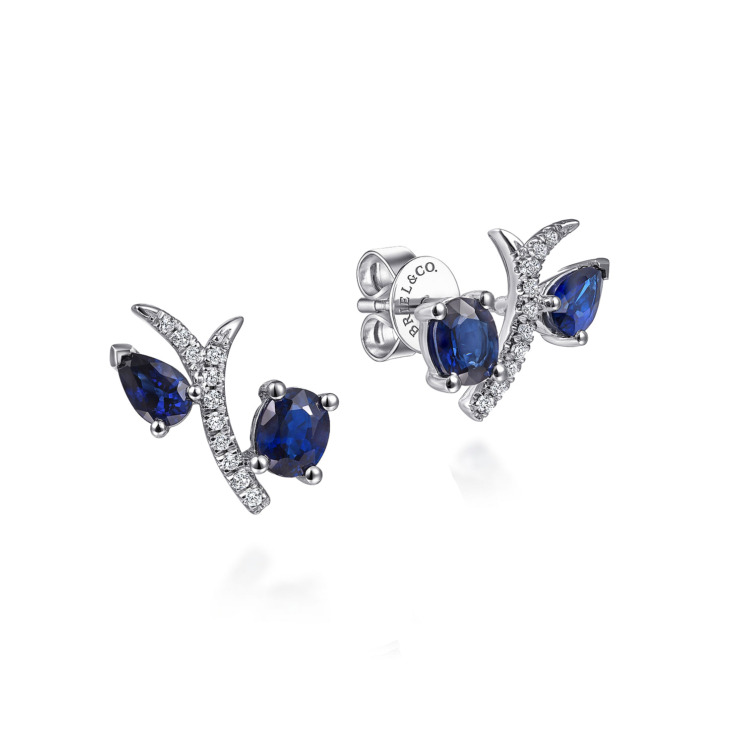 14K White Gold Pavé Diamond Oval & Pear Cut Sapphire Stud Earrings