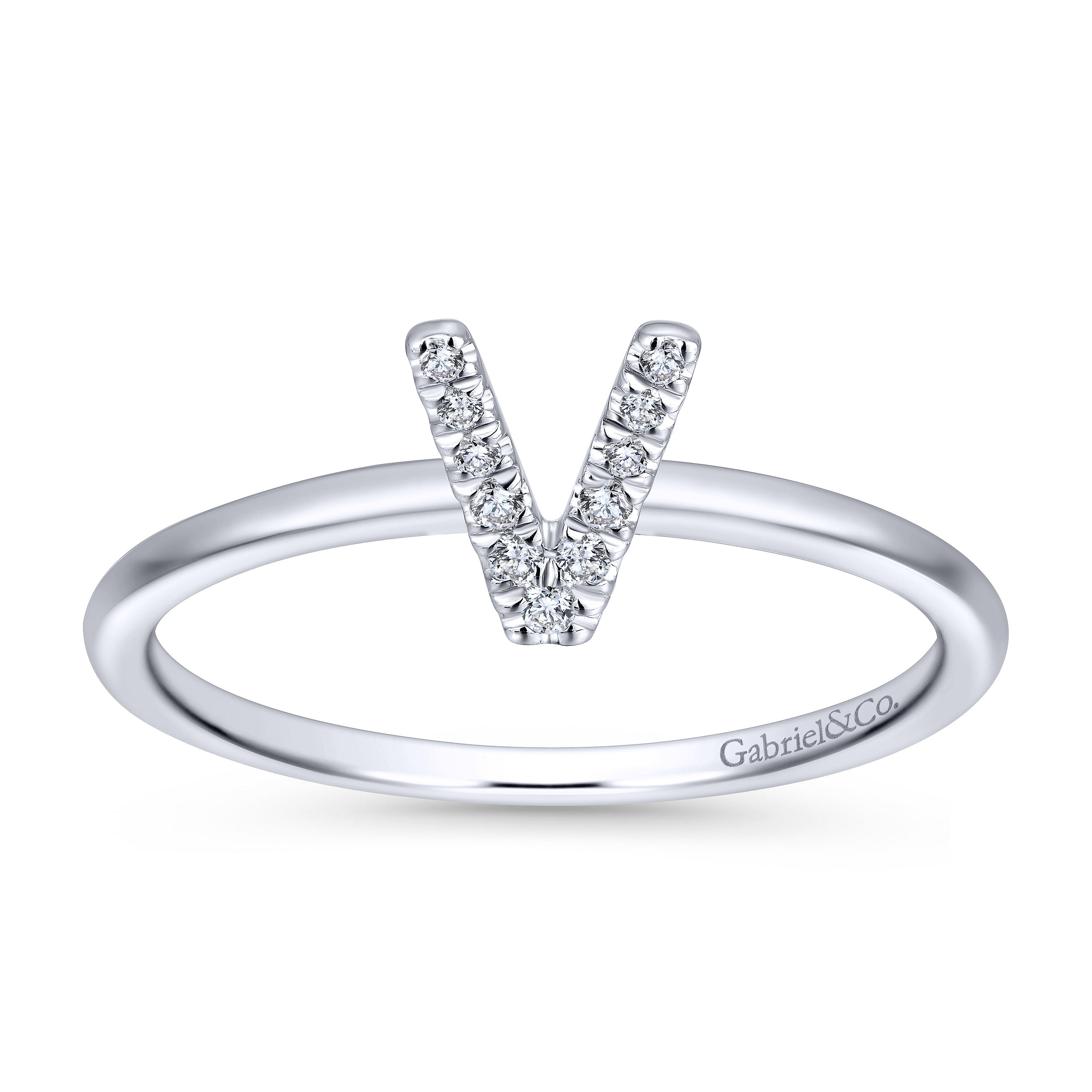 14K White Gold Pavé Diamond Uppercase V Initial Ring