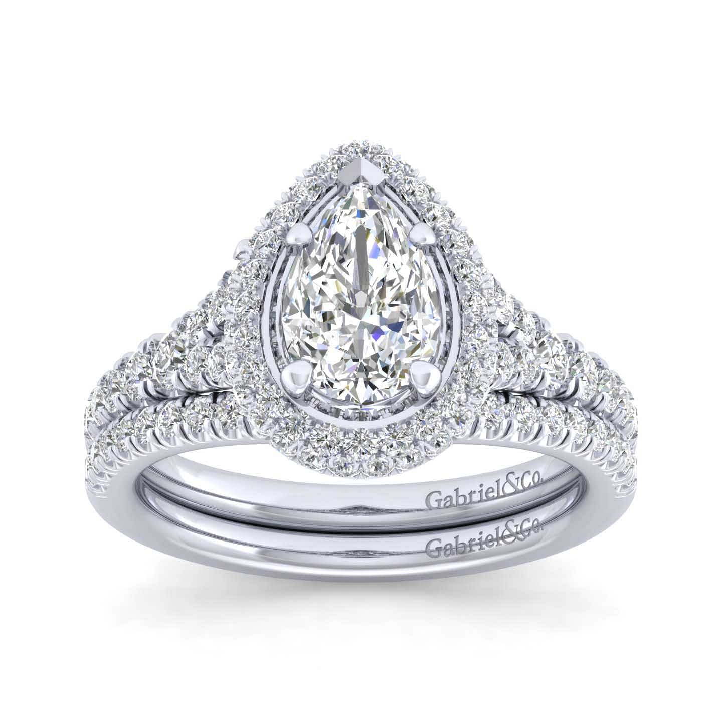 14K White Gold Pear Shape Halo Diamond Engagement Ring