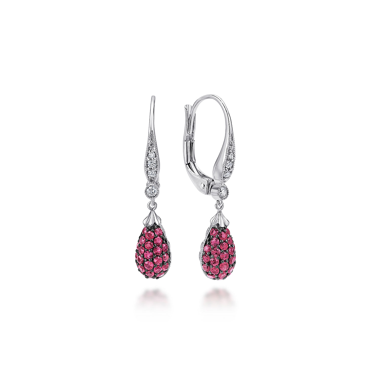 14K White Gold Pear Shape Ruby Cluster and Diamond Drop Earrings