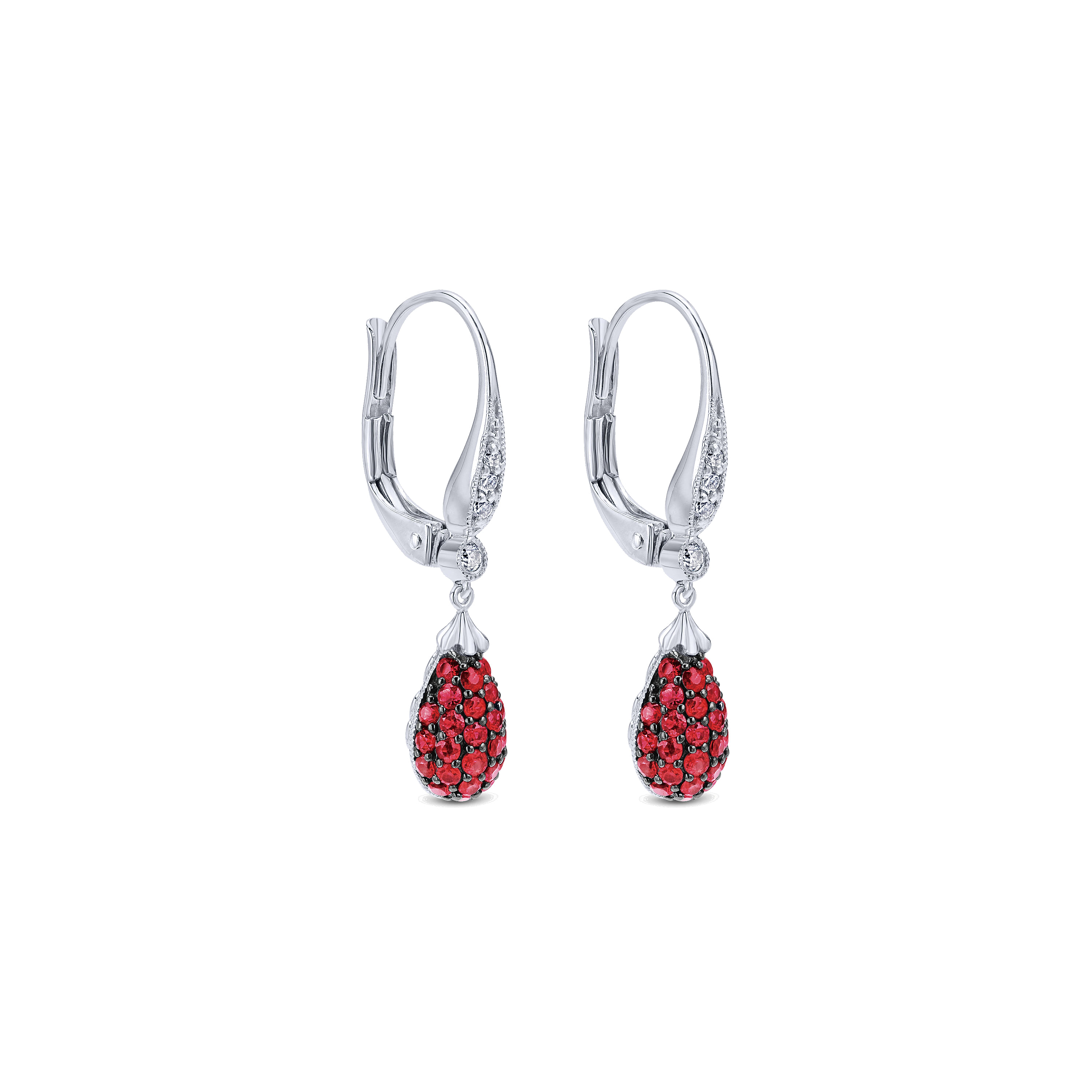14K White Gold Pear Shape Ruby Cluster and Diamond Drop Earrings