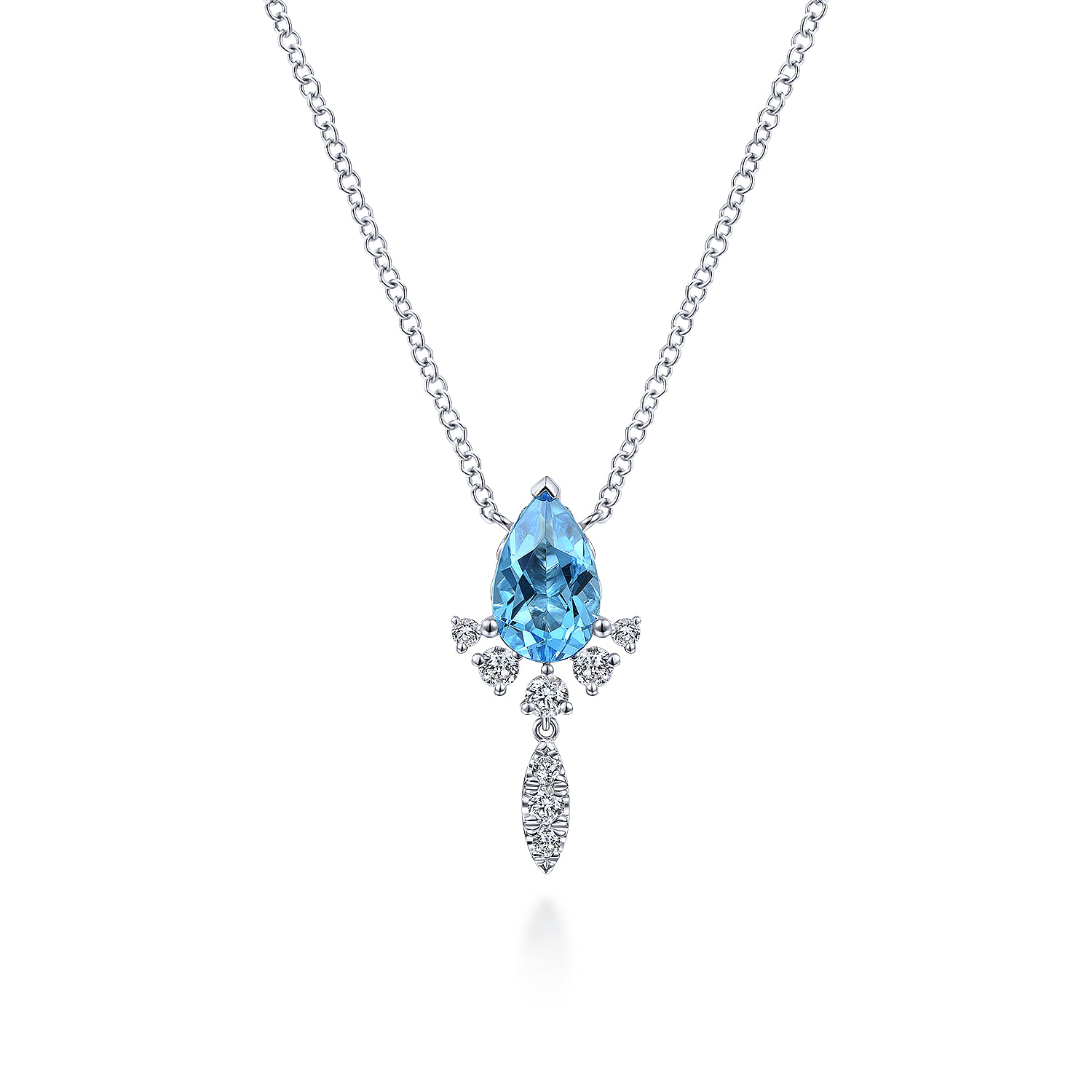 14K White Gold Pear Shape Swiss Blue Topaz and Diamond Drop Pendant Necklace
