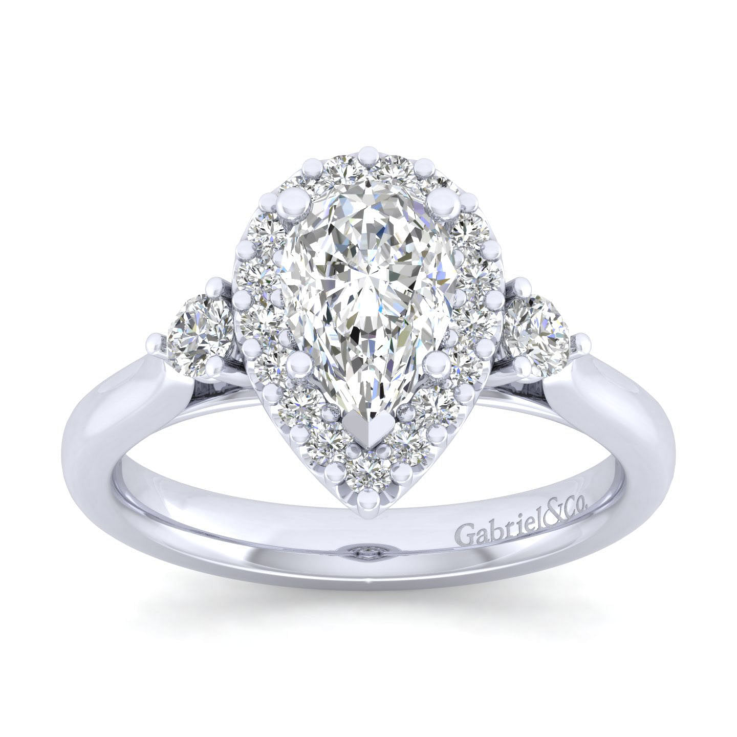 14K White Gold Pear Shape Three Stone Halo Diamond Engagement Ring
