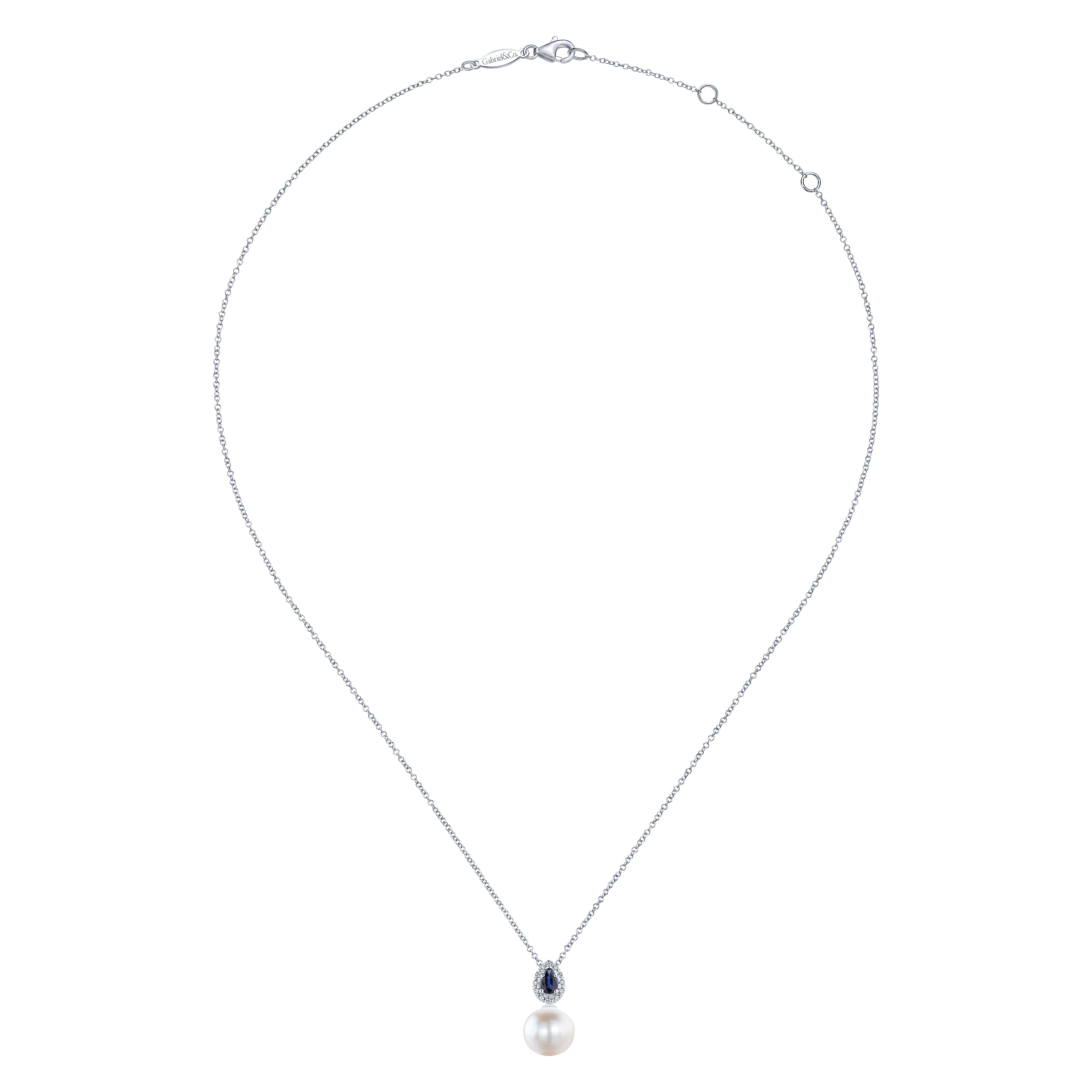 14K White Gold Pear Shaped Sapphire and Diamond Halo Pendant Necklace with Pearl 
