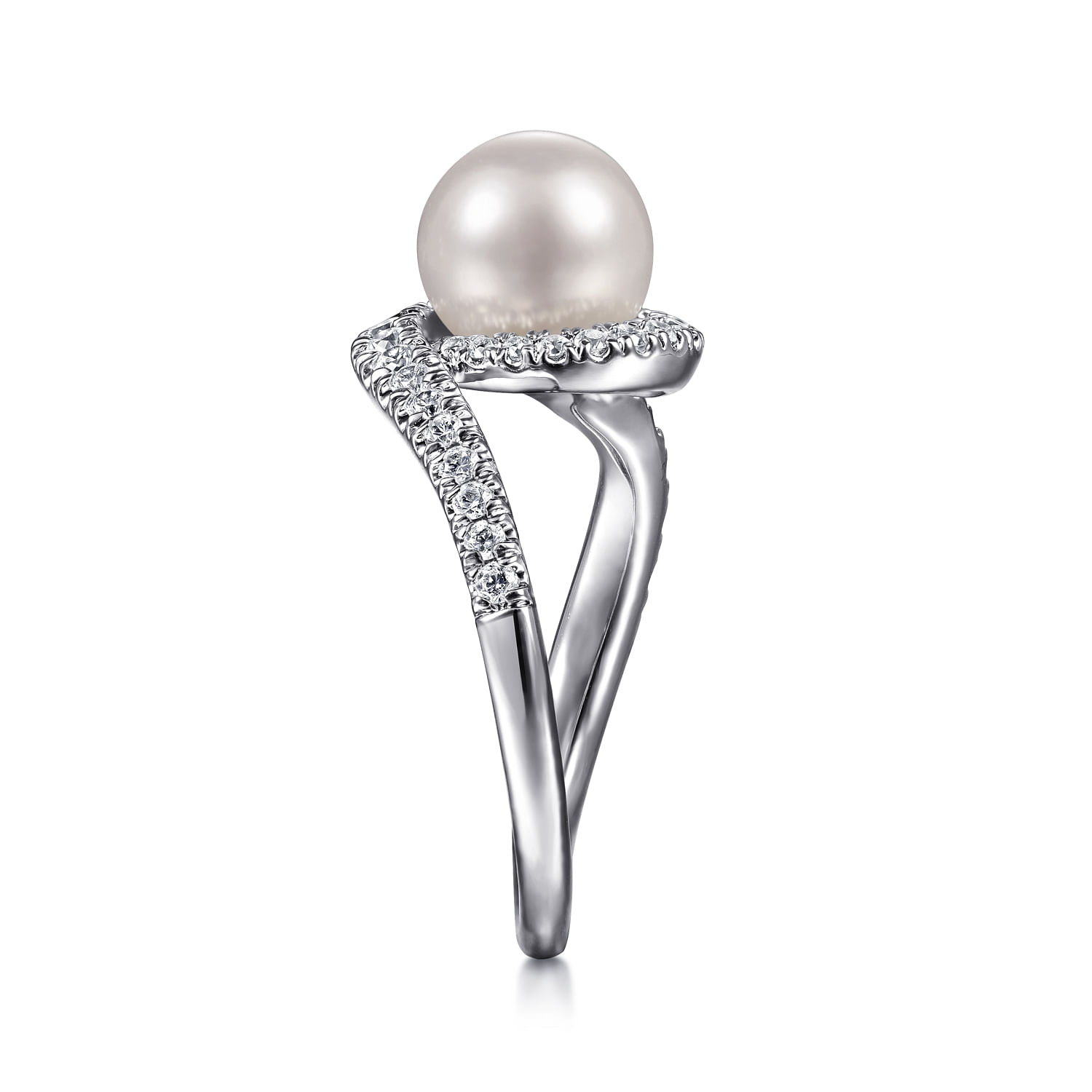 14K White Gold Pearl Ring with Curved Diamond Wrap Halo 