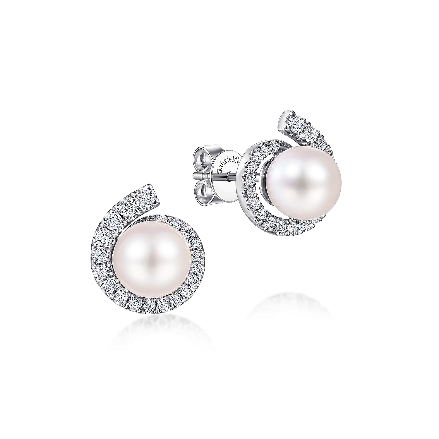 14K White Gold Pearl Stud Earrings with Diamond Halo
