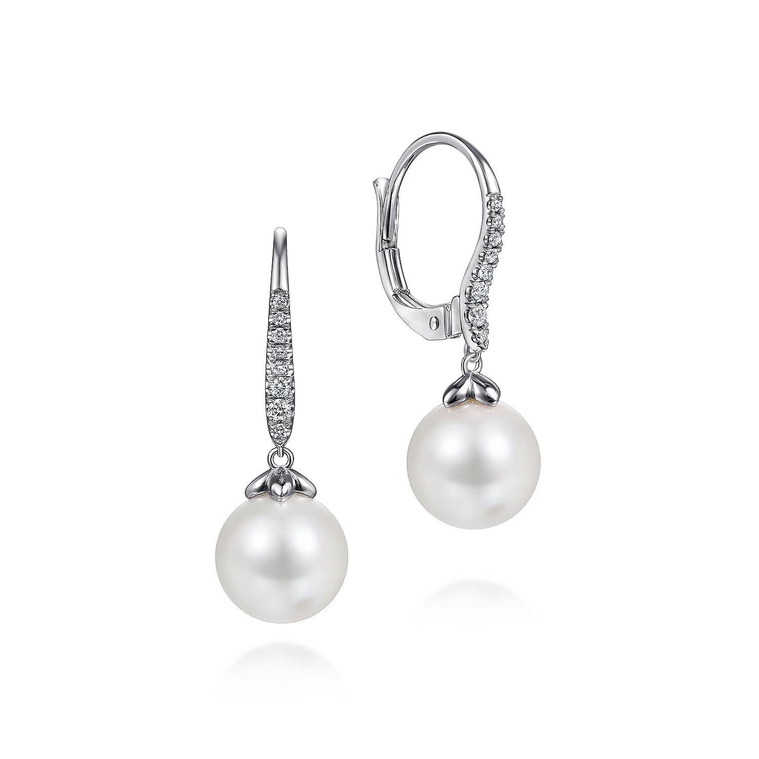 14K White Gold Pearl and Diamond Leverback Earrings