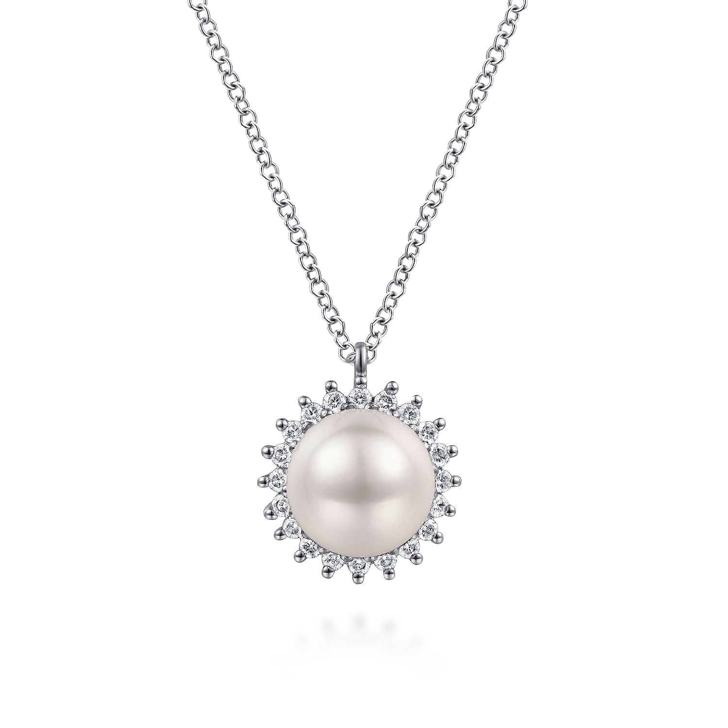 14K White Gold Pearl with Diamond Halo Pendant Necklace