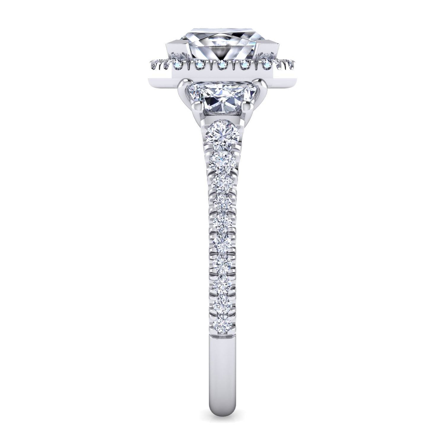 14K White Gold Princess Cut Three Stone Halo Diamond Engagement Ring