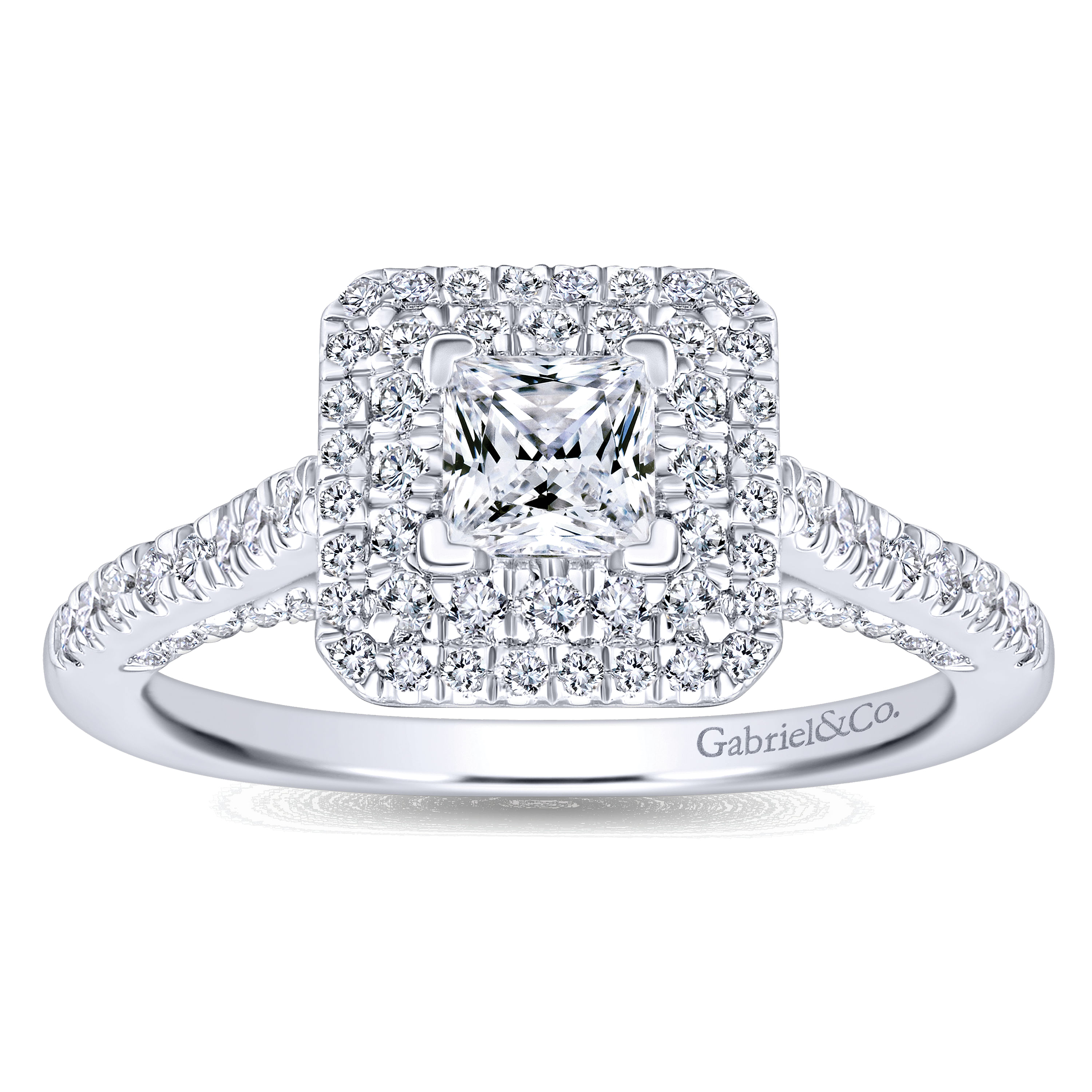14K White Gold Princess Double Halo Complete Diamond Engagement Ring