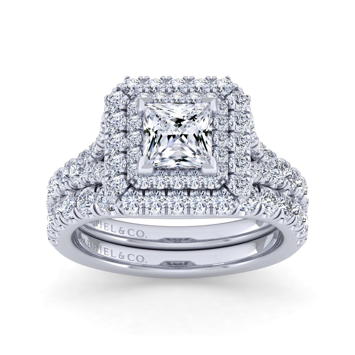 14K White Gold Princess Double Halo Diamond Engagement Ring