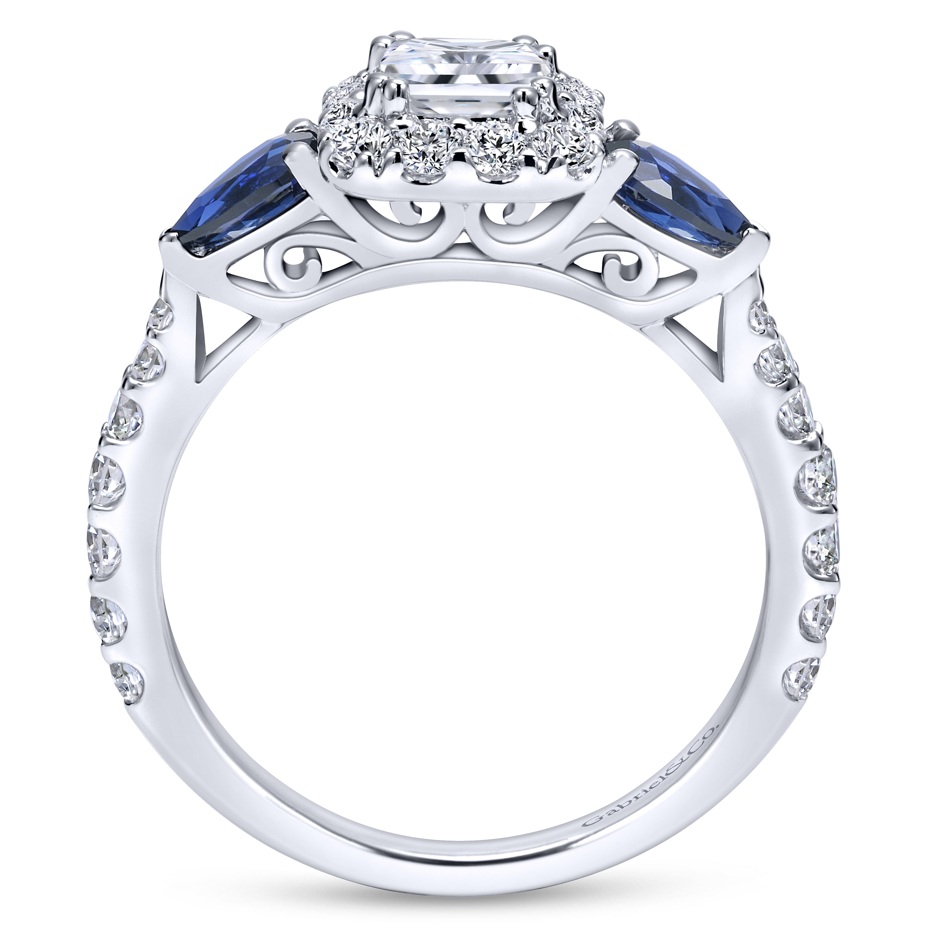 14K White Gold Princess Halo Diamond and Sapphire Complete Engagement Ring