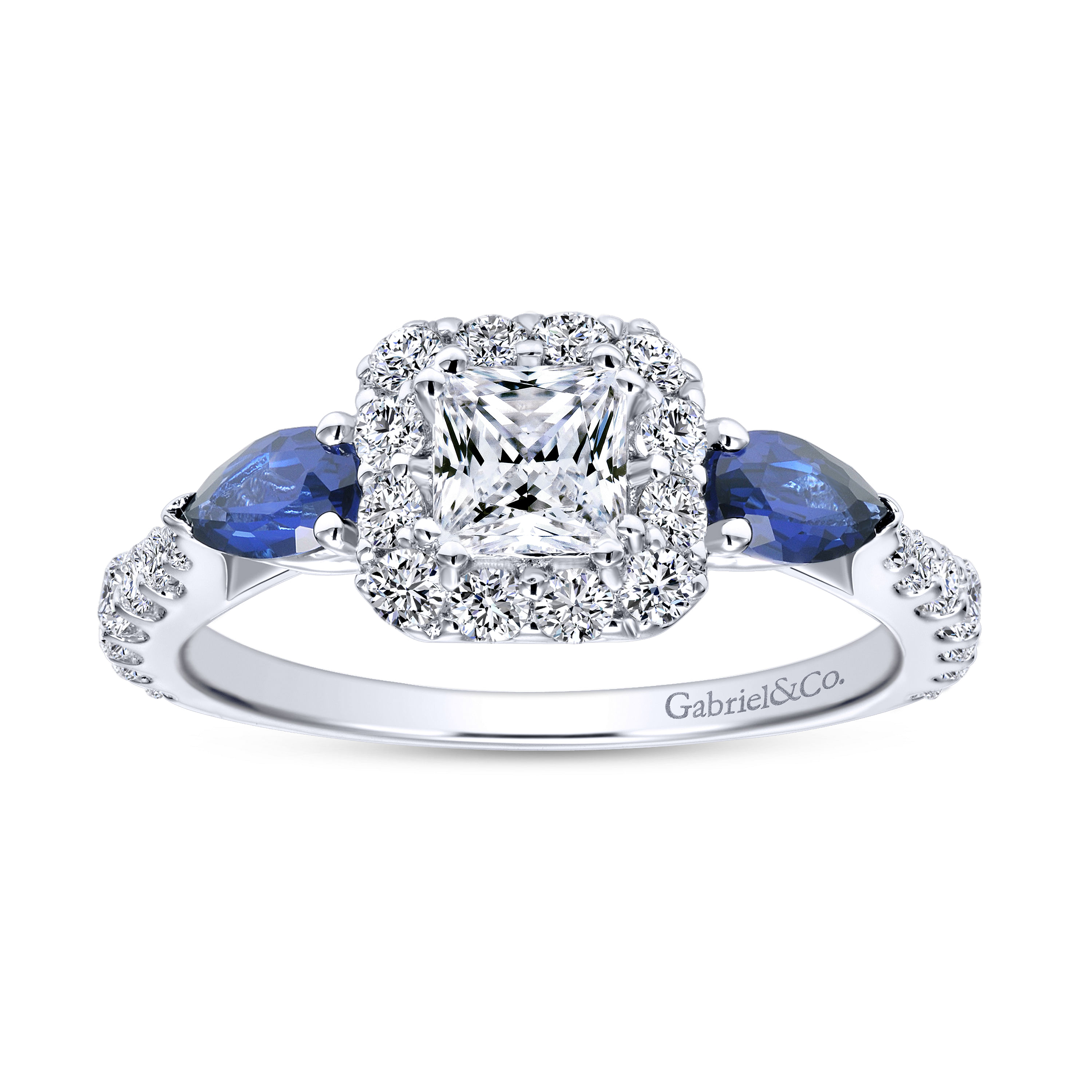 14K White Gold Princess Halo Diamond and Sapphire Complete Engagement Ring