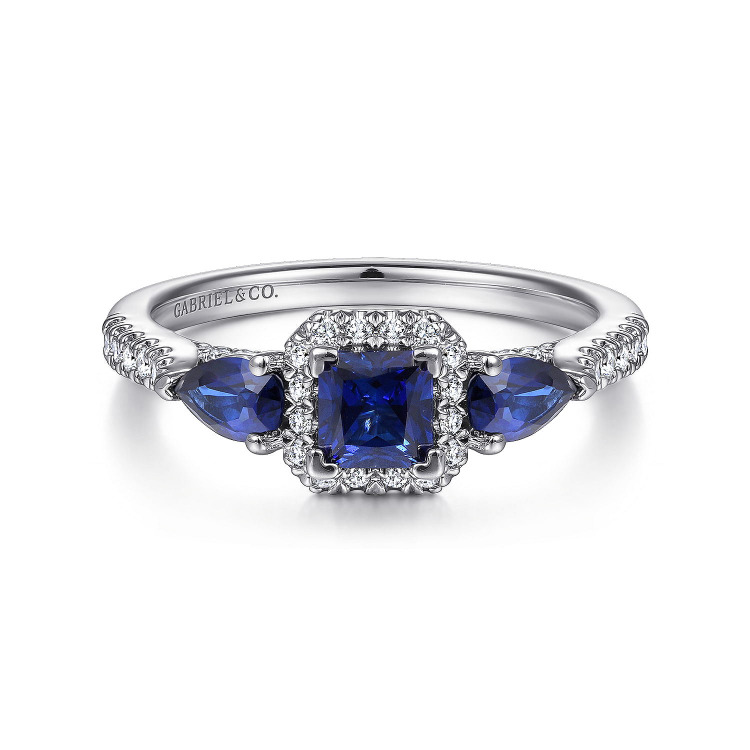 14K White Gold Princess Halo Sapphire and Diamond Engagement Ring