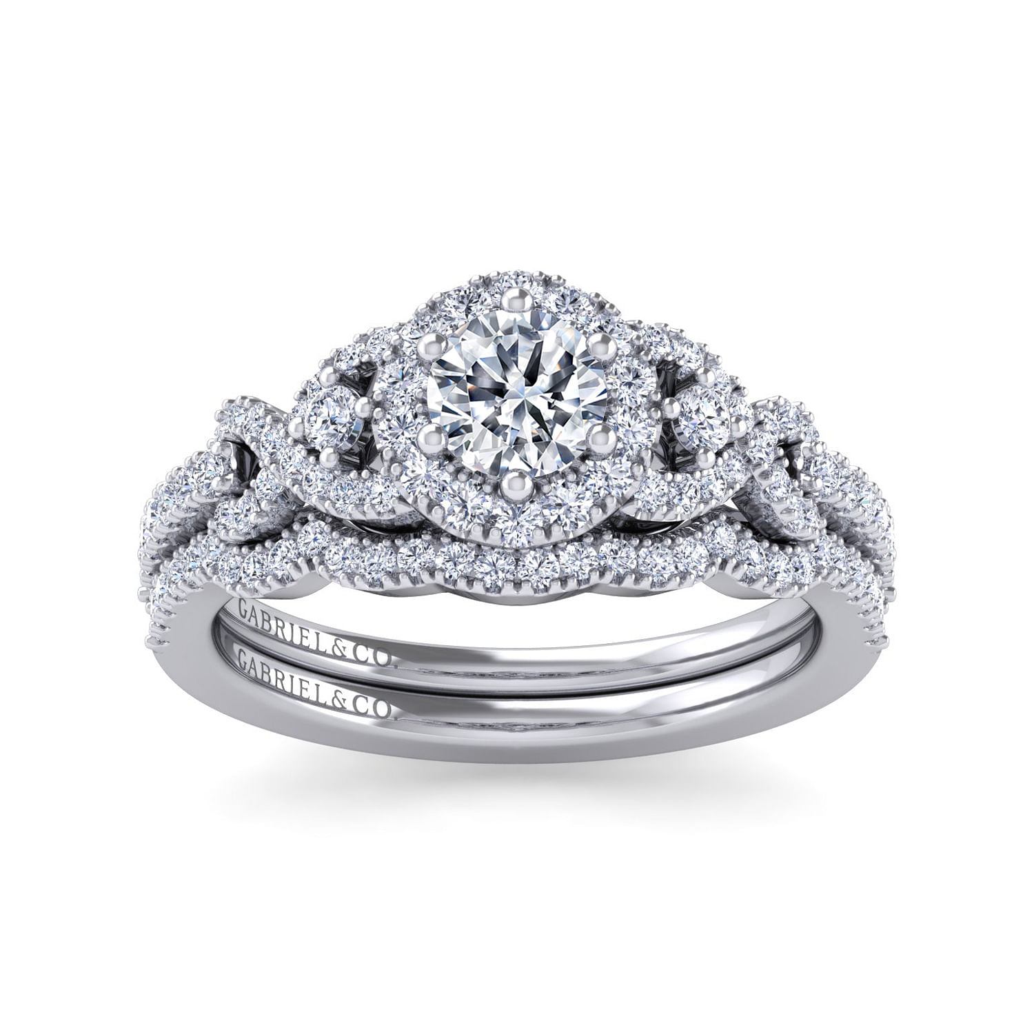 14K White Gold Princess Three Stone Halo Diamond Engagement Ring