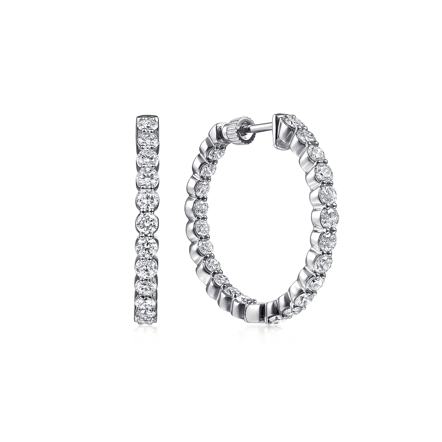 14K White Gold Prong Set 20mm Round Inside Out Diamond Hoop Earrings