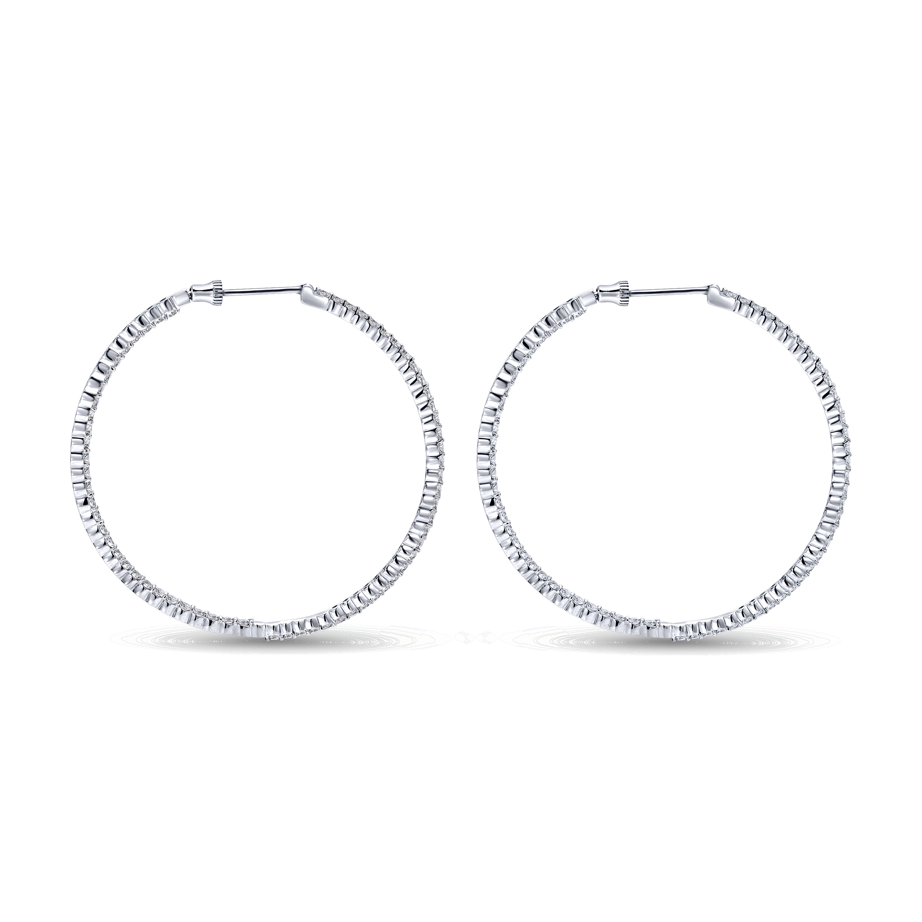 14K White Gold Prong Set 50mm Round Inside Out Diamond Hoop Earrings