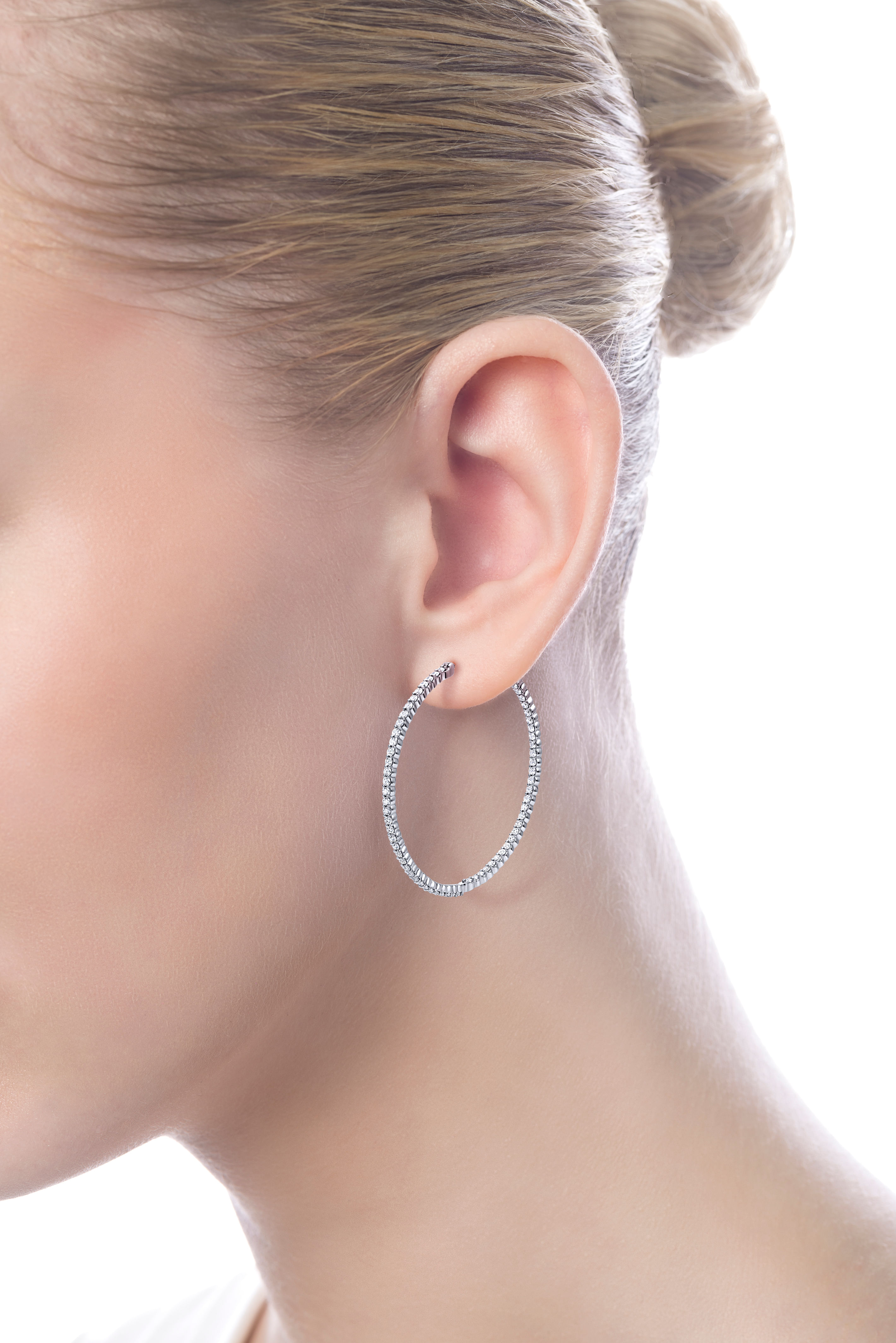 14K White Gold Prong Set 50mm Round Inside Out Diamond Hoop Earrings