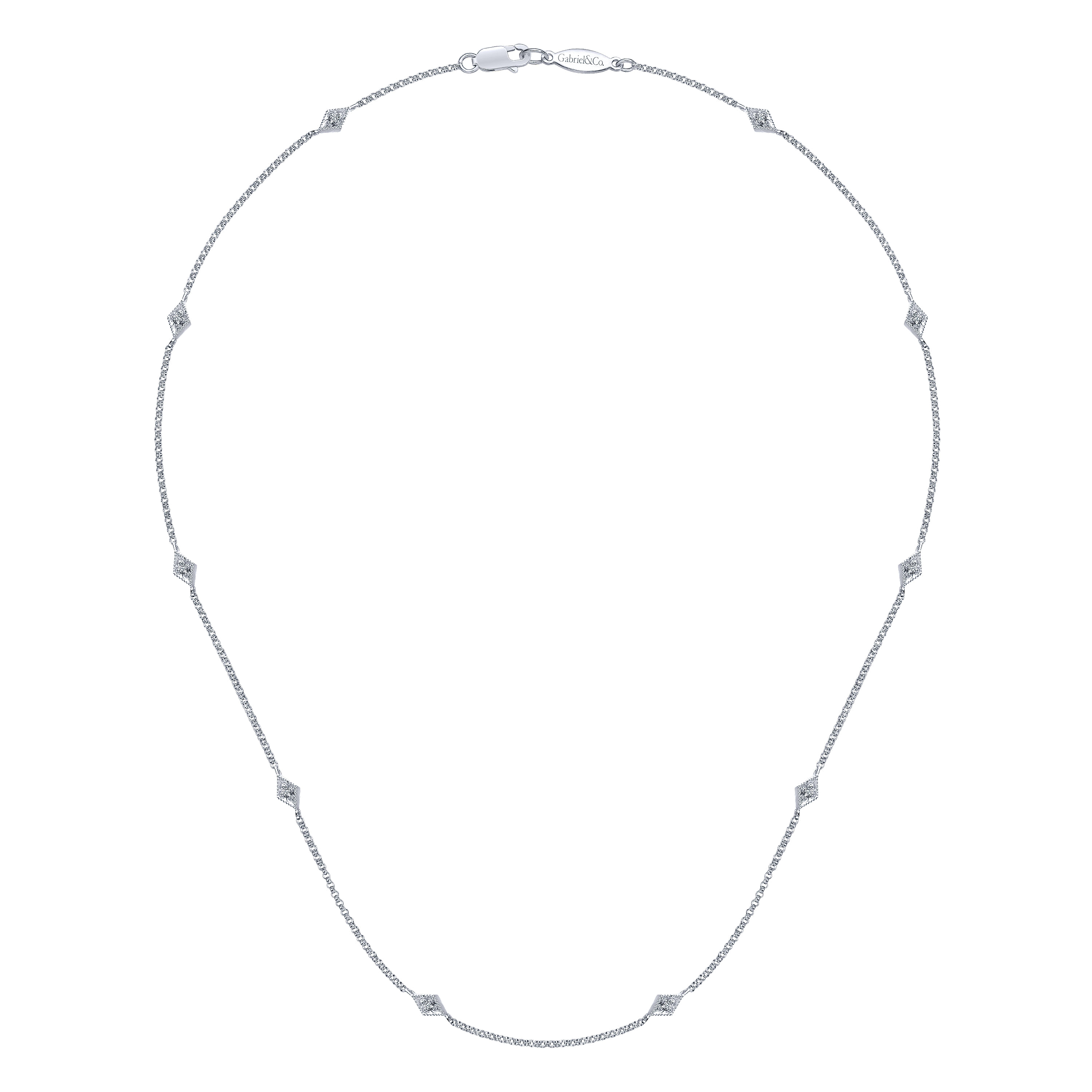 14K White Gold Rhombus and Diamond Station Necklace