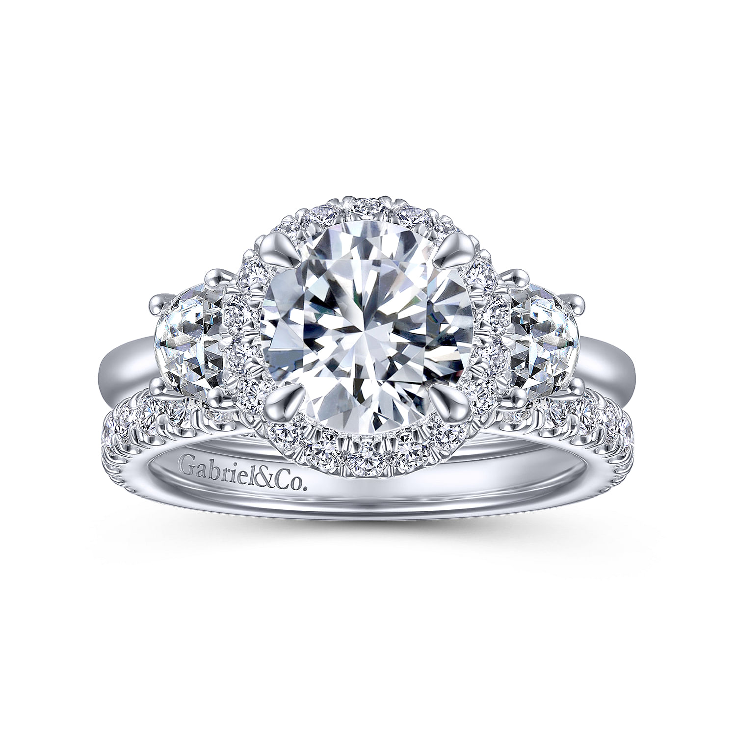 14K White Gold Round 3 Stone Halo Diamond Engagement Ring