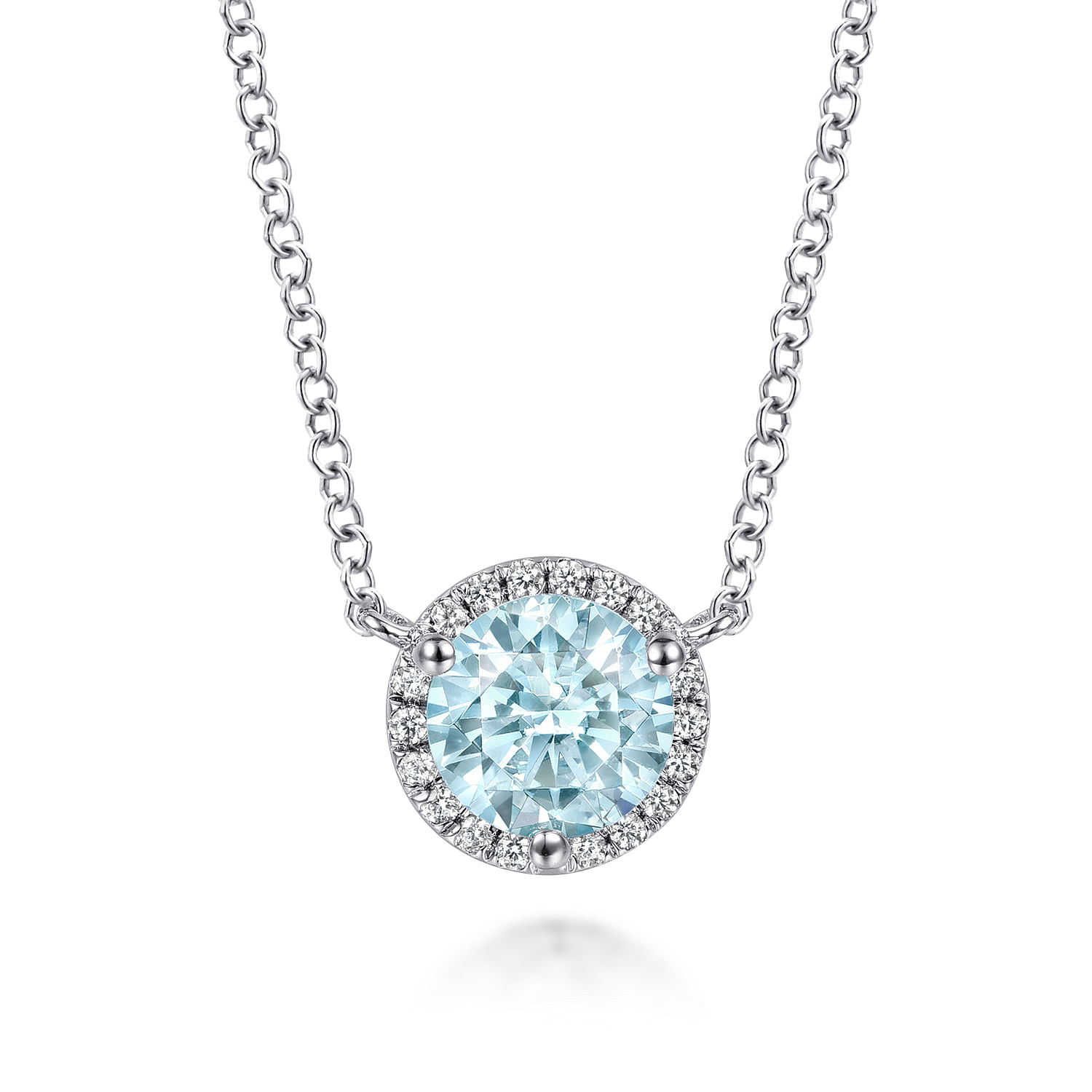 14K White Gold Round Aquamarine and Diamond Halo Pendant Necklace