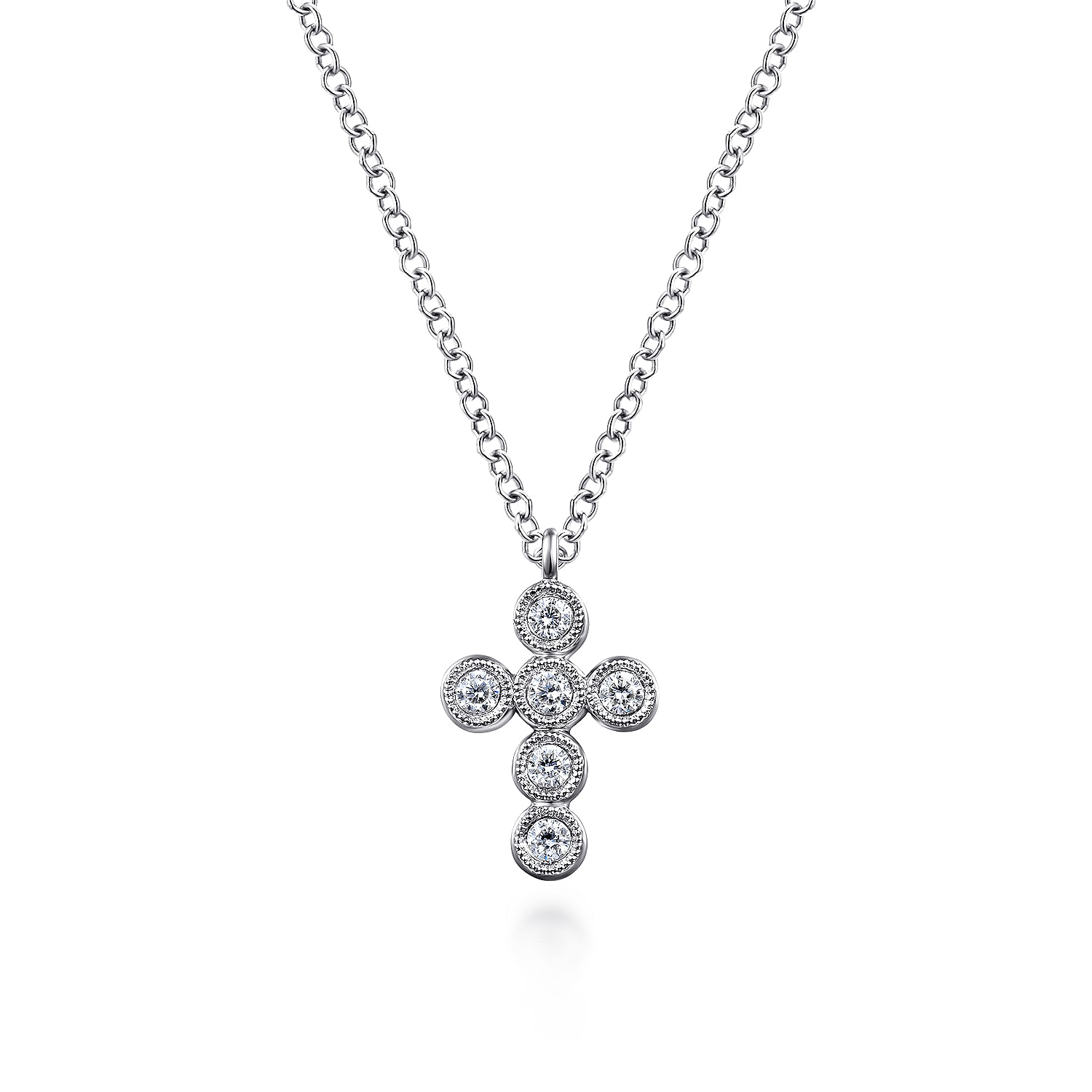 14K White Gold Round Bezel Set Diamond Cross Pendant Necklace