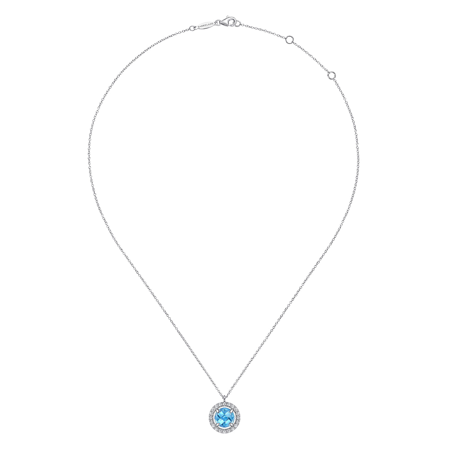 14K White Gold Round Blue Topaz and Diamond Halo Pendant Necklace