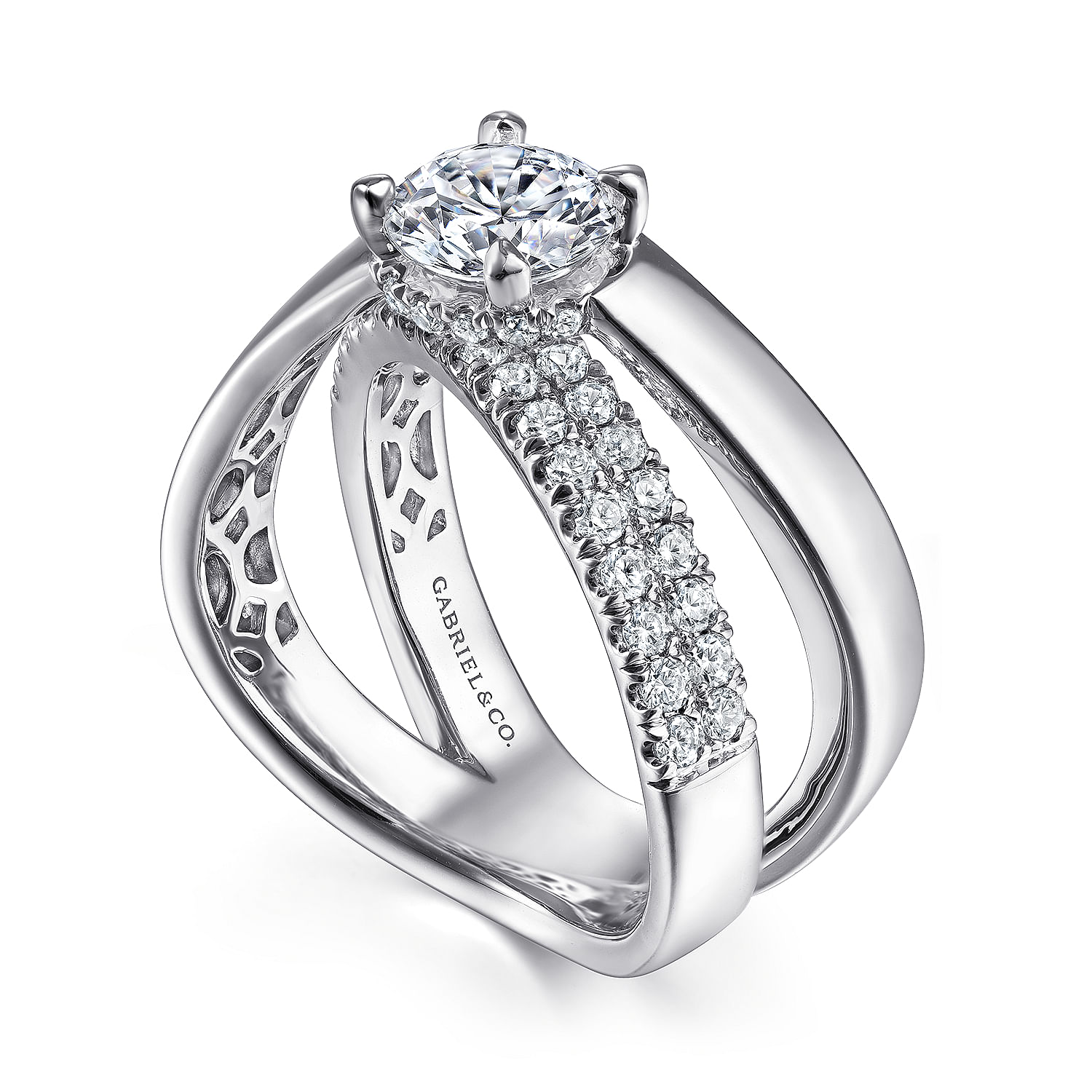14K White Gold Round Criss Cross Shank Diamond Engagement Ring