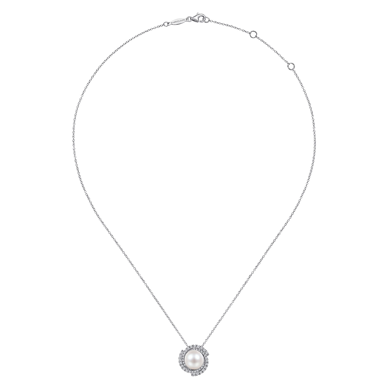 14K White Gold Round Cultured Pearl Swirling Diamond Halo Pendant Necklace