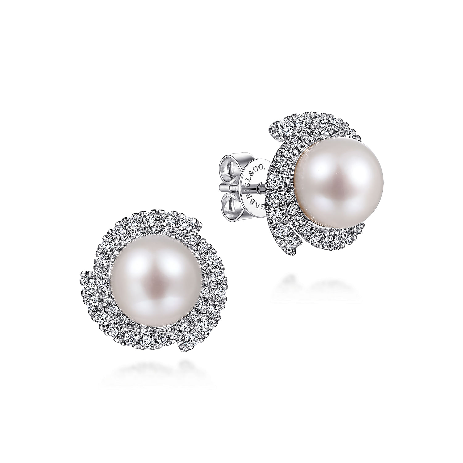 14K White Gold Round Cultured Pearl Swirling Diamond Halo Stud Earrings