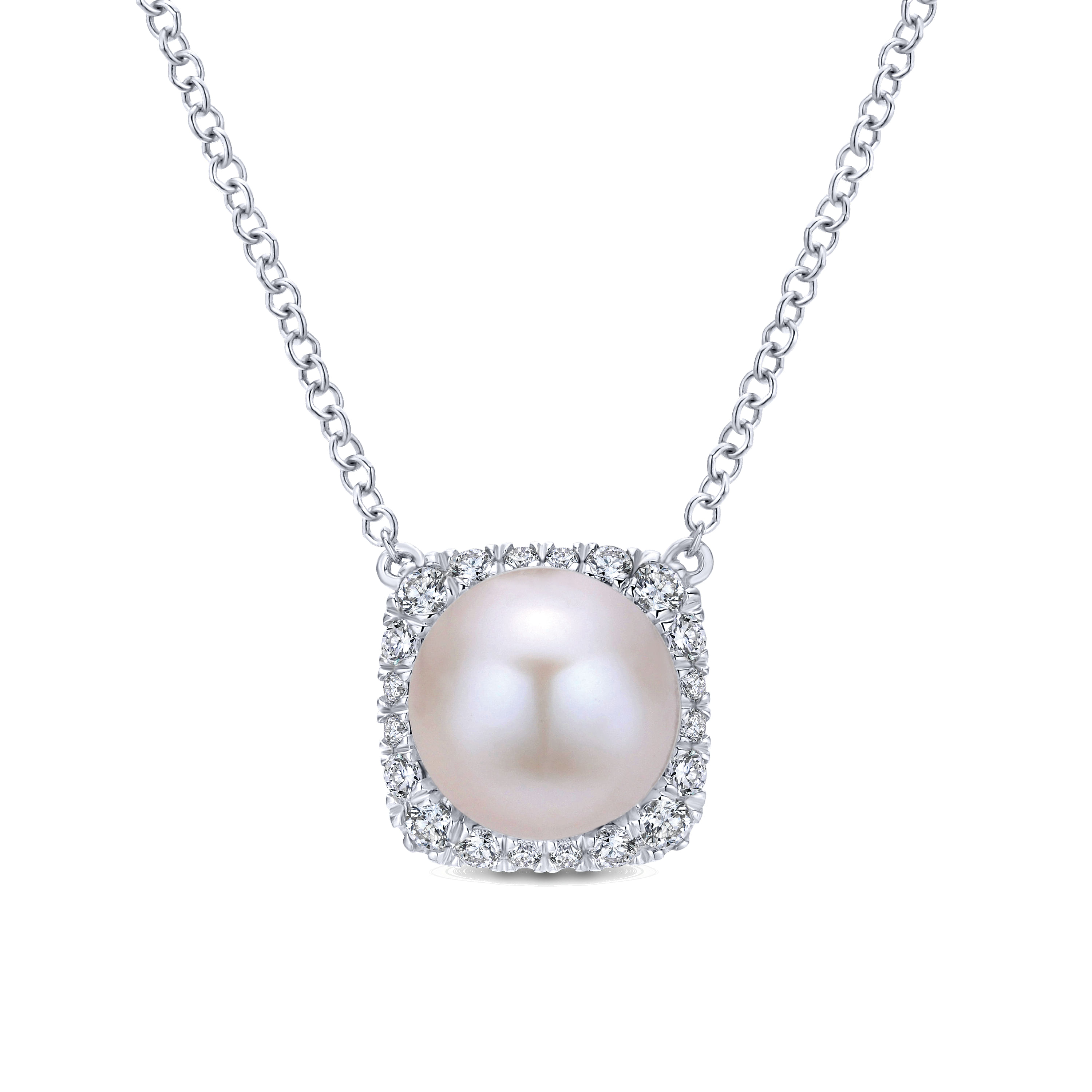 14K White Gold Round Cultured Pearl and Diamond Cushion Halo Pendant Necklace